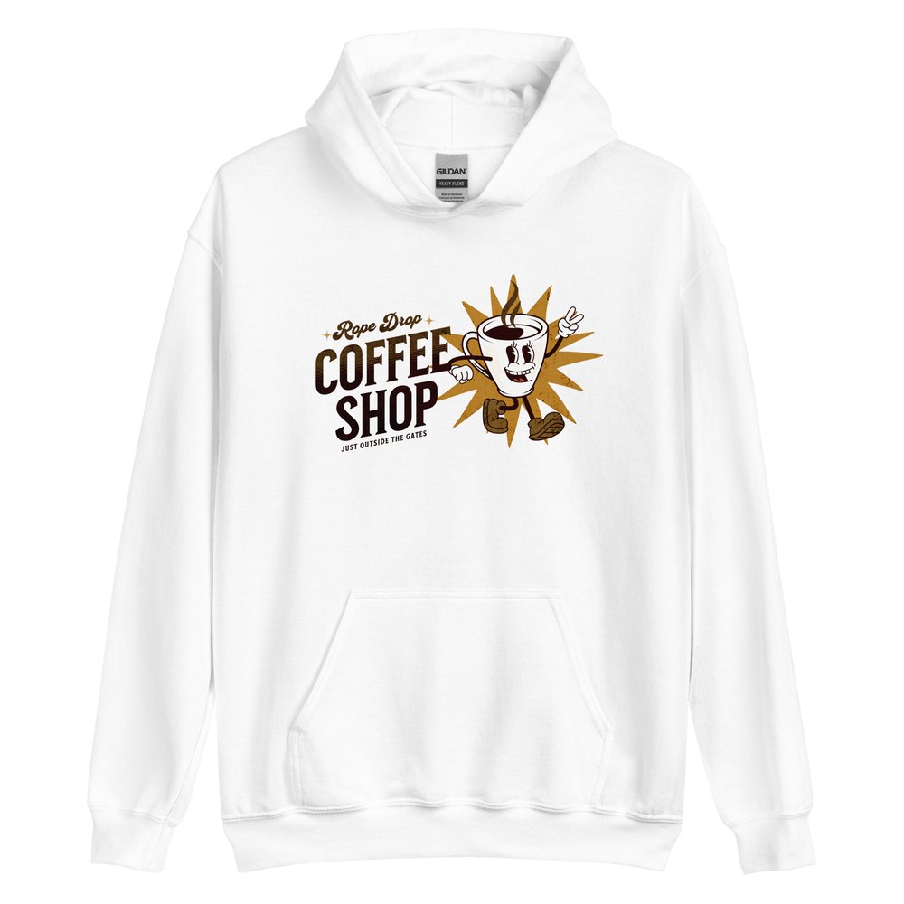 Rope Drop Coffee Shop Disney Parks inspired hoodie in white.