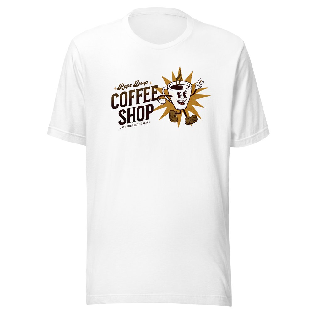 Rope Drop Coffee Shop, Disney-inspired t-shirt in white.