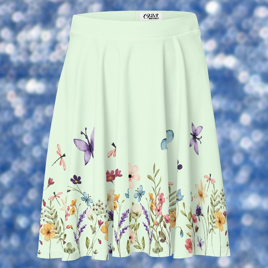 Say hello to Spring with this Butterfly Garden Skater Skirt! This skirt features a design inspired by the EPCOT Flower and Garden Festival and the butterfly garden. A meadow of wildflowers with butterflies and dragonflies fluttering lazily above.

ht