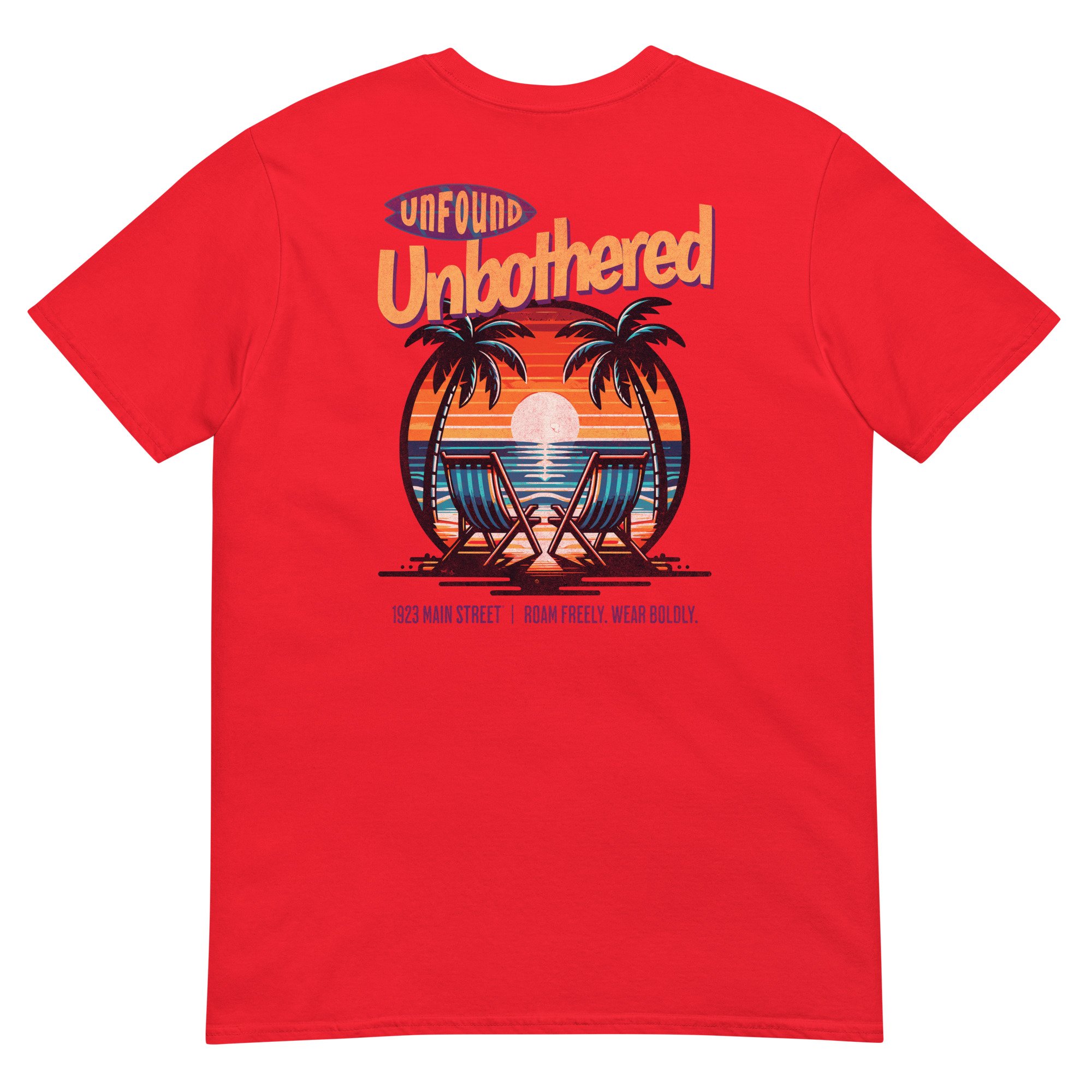 Unfound Unbothered t-shirt red back.