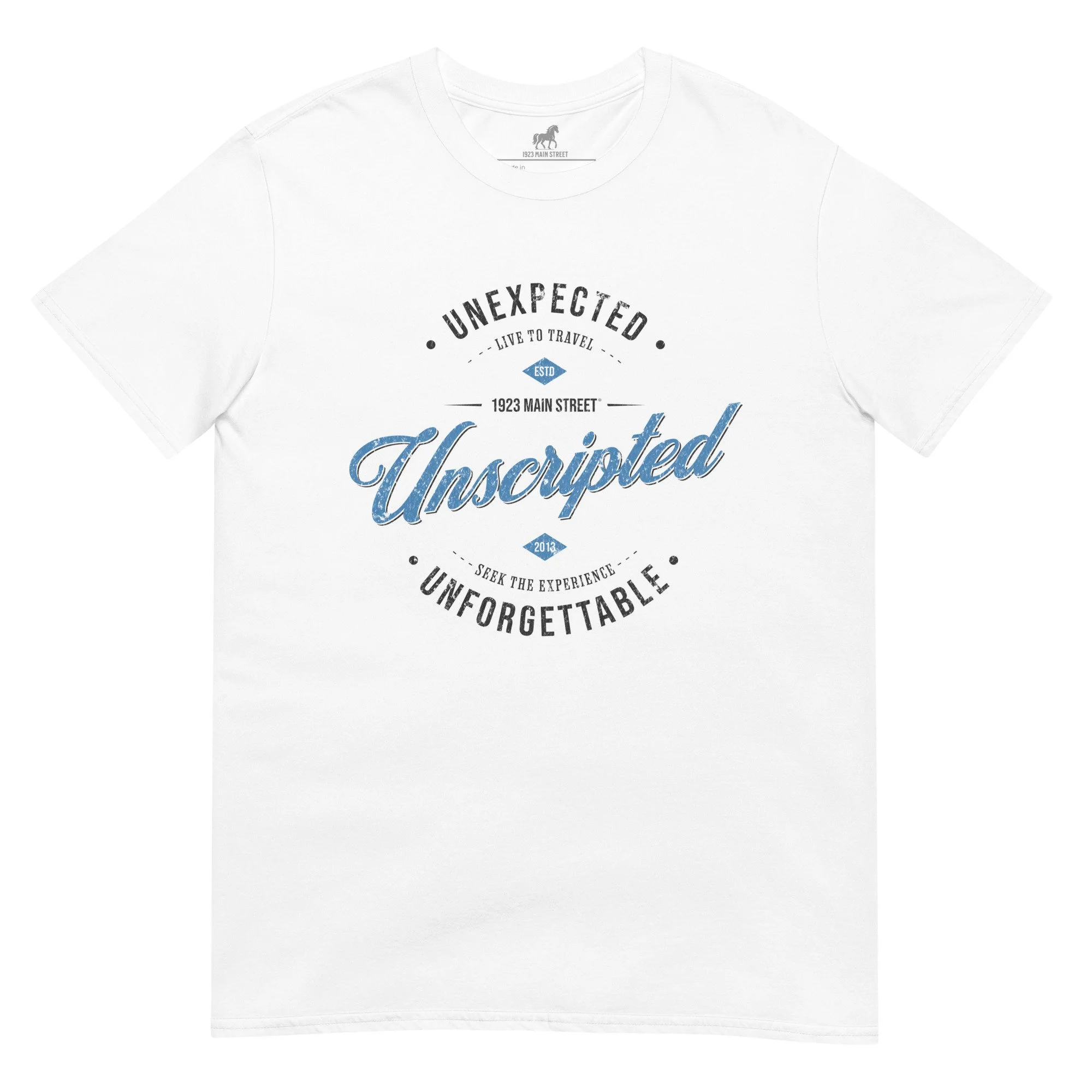 Unscripted Unexpected travel t-shirt white.