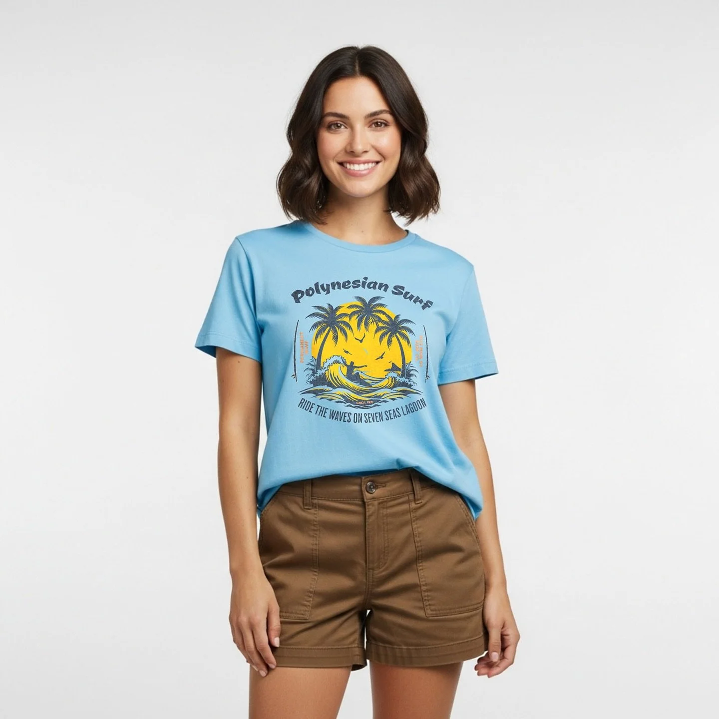 Catch the spirit of 1971 with our Polynesian Surf &ndash; Ride the Waves on Seven Seas Lagoon original t-shirt by 1923 Main Street&reg;. 

For those who love vintage Disney history, this subtle Disney tee was inspired by the original wave machine at 