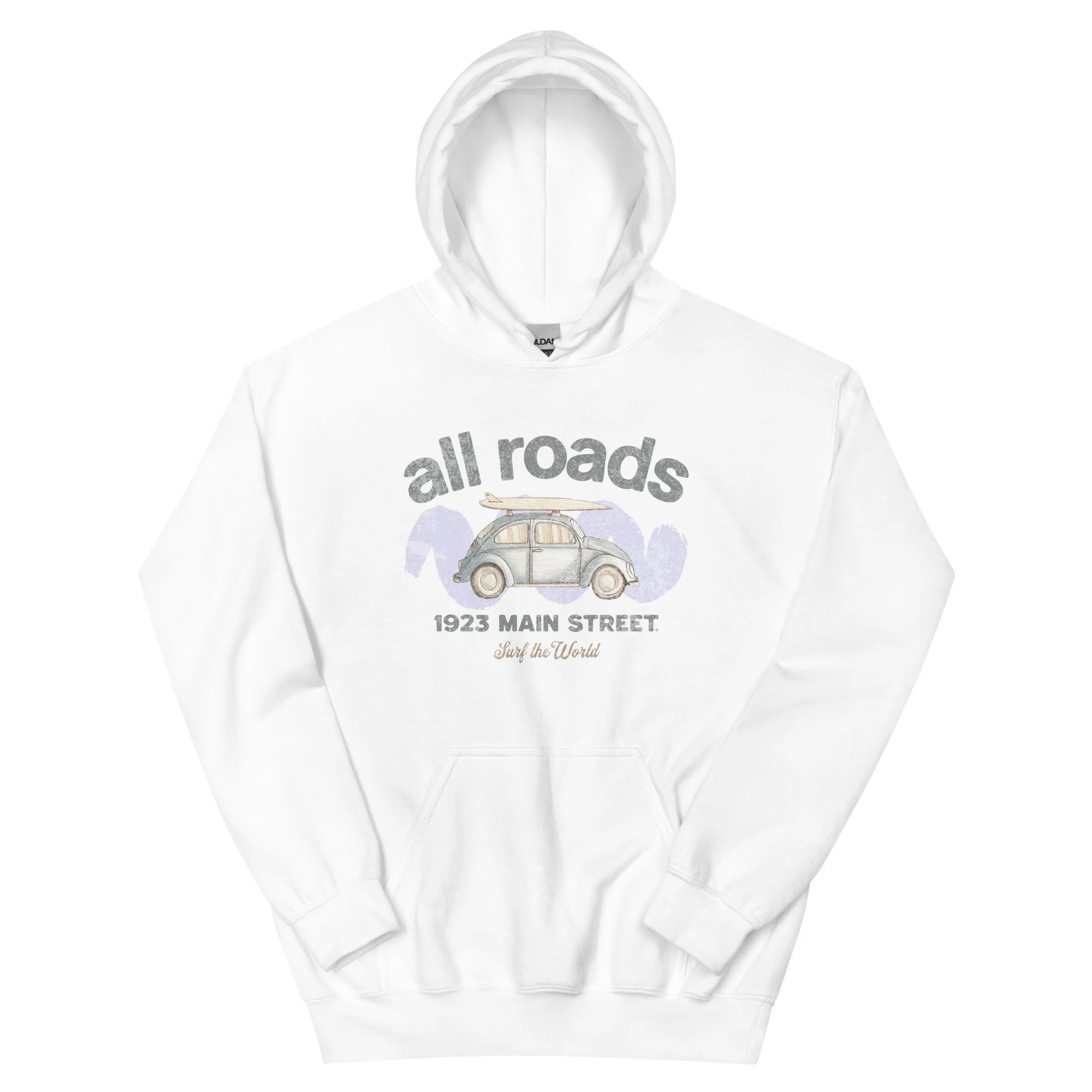 All Roads Bug, Surf the World hoodie white.