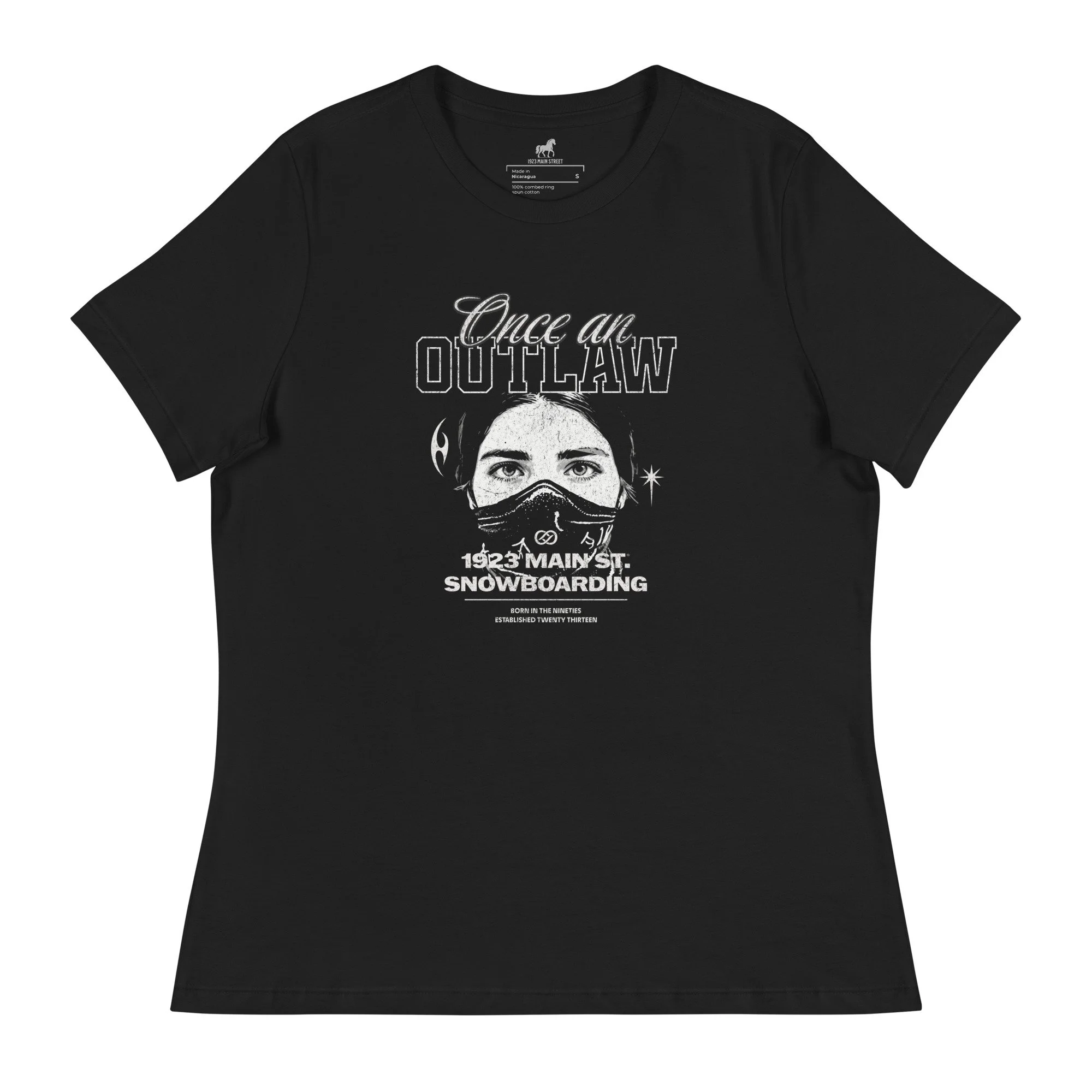 Once an Outlaw, Mask women's snowboarding t-shirt black.