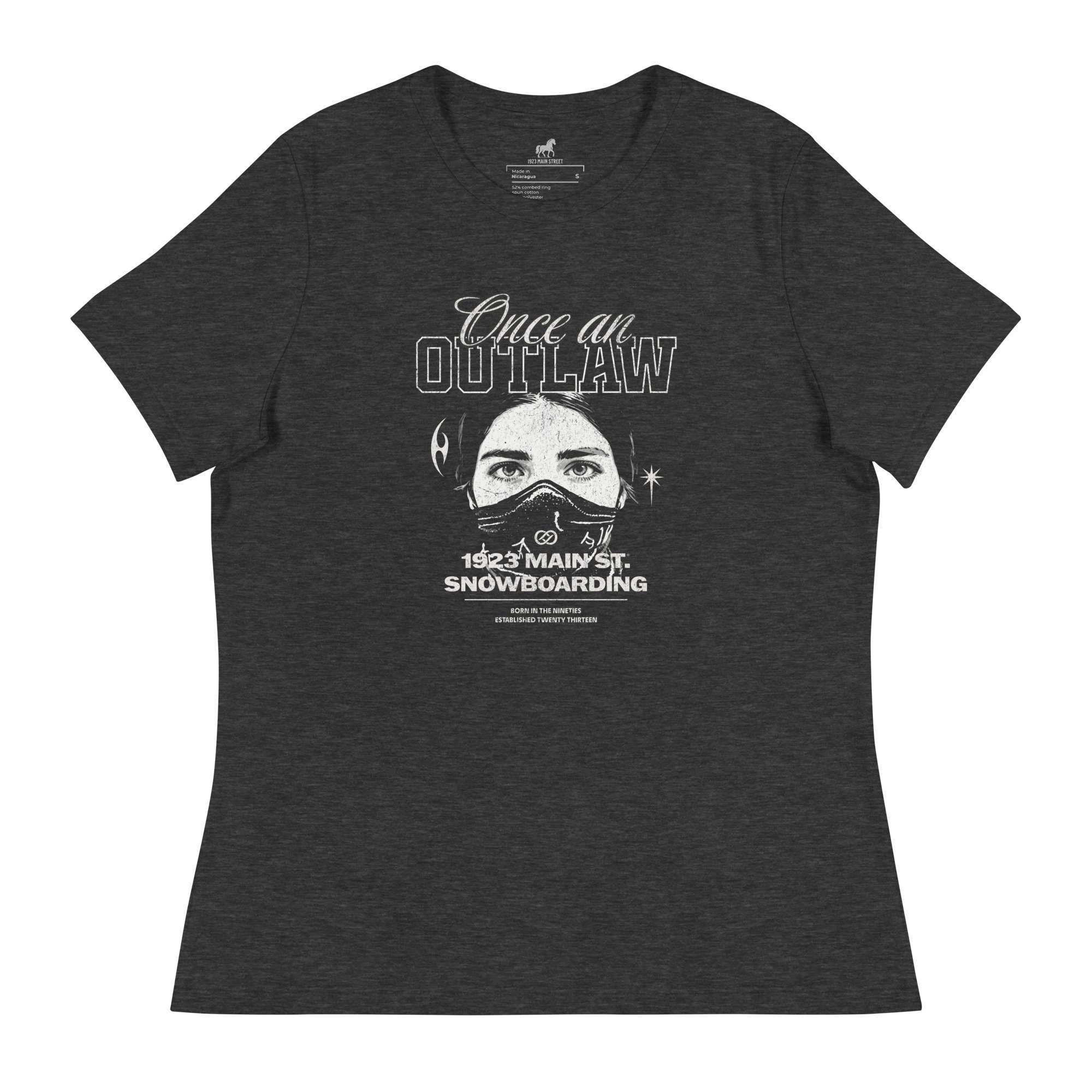 Once an Outlaw, Mask women's snowboarding t-shirt charcoal heather.
