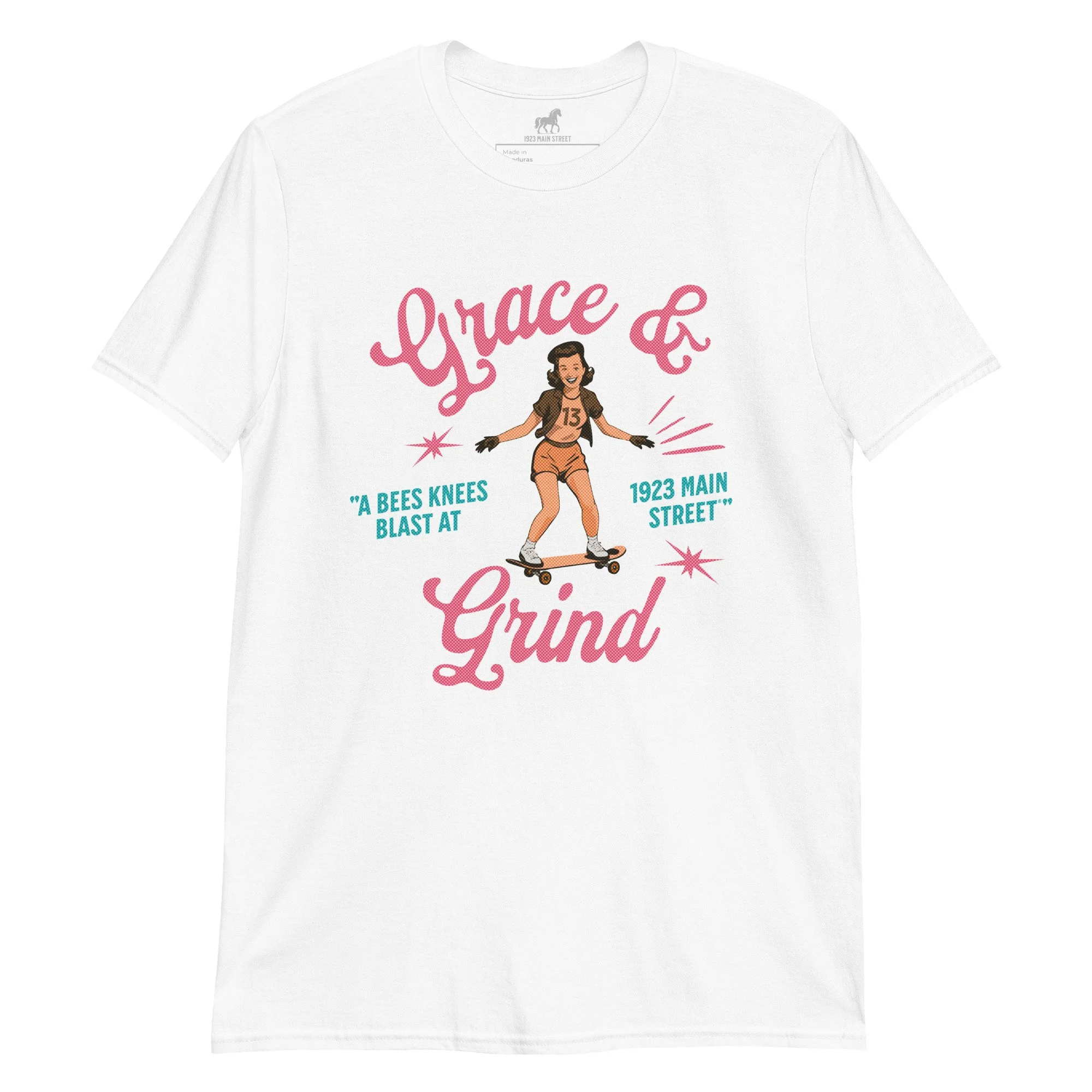 Grace and Grind women's skateboard t-shirt white.