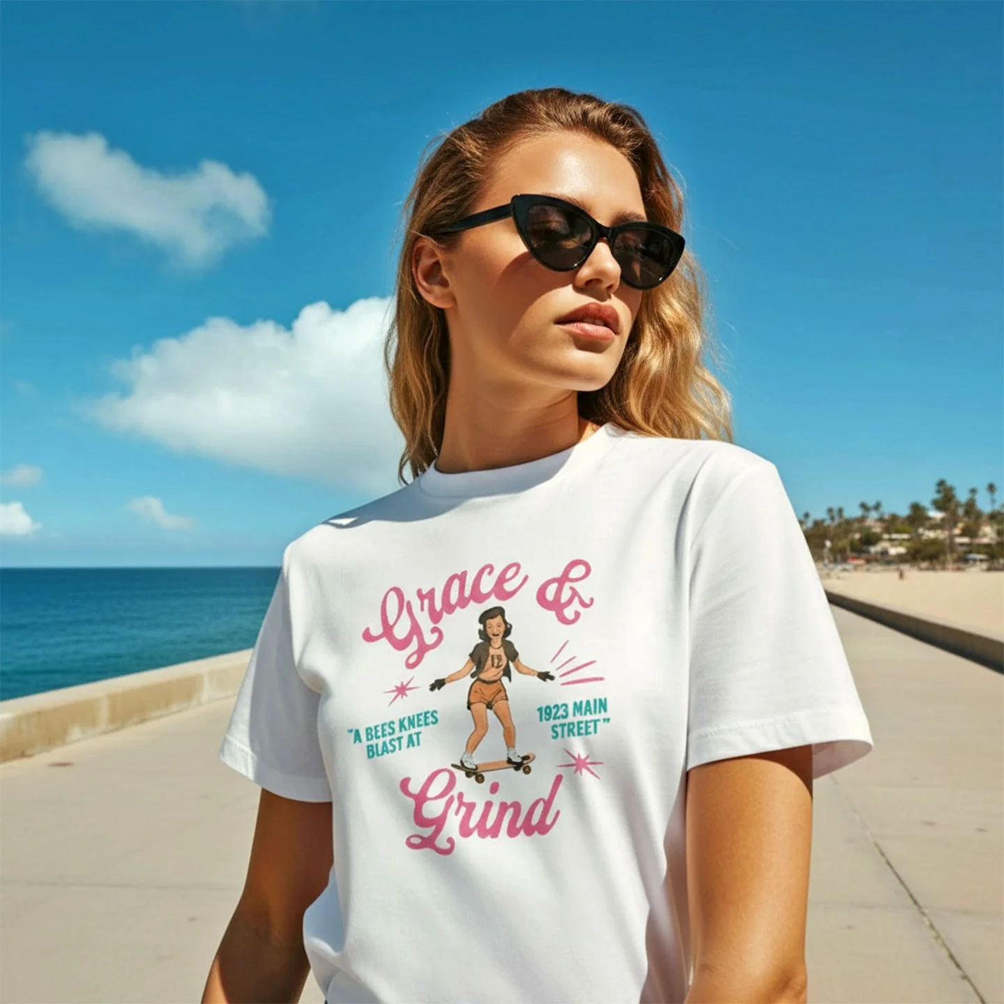 Grace and Grind, Bee Knees women&rsquo;s skate t-shirt

A little throwback. A lot of attitude. Our Grace and Grind: Bees Knees women&rsquo;s t-shirt brings a little retro charm to your skate with a playful nod to 1950s comic art and fearless skater-g
