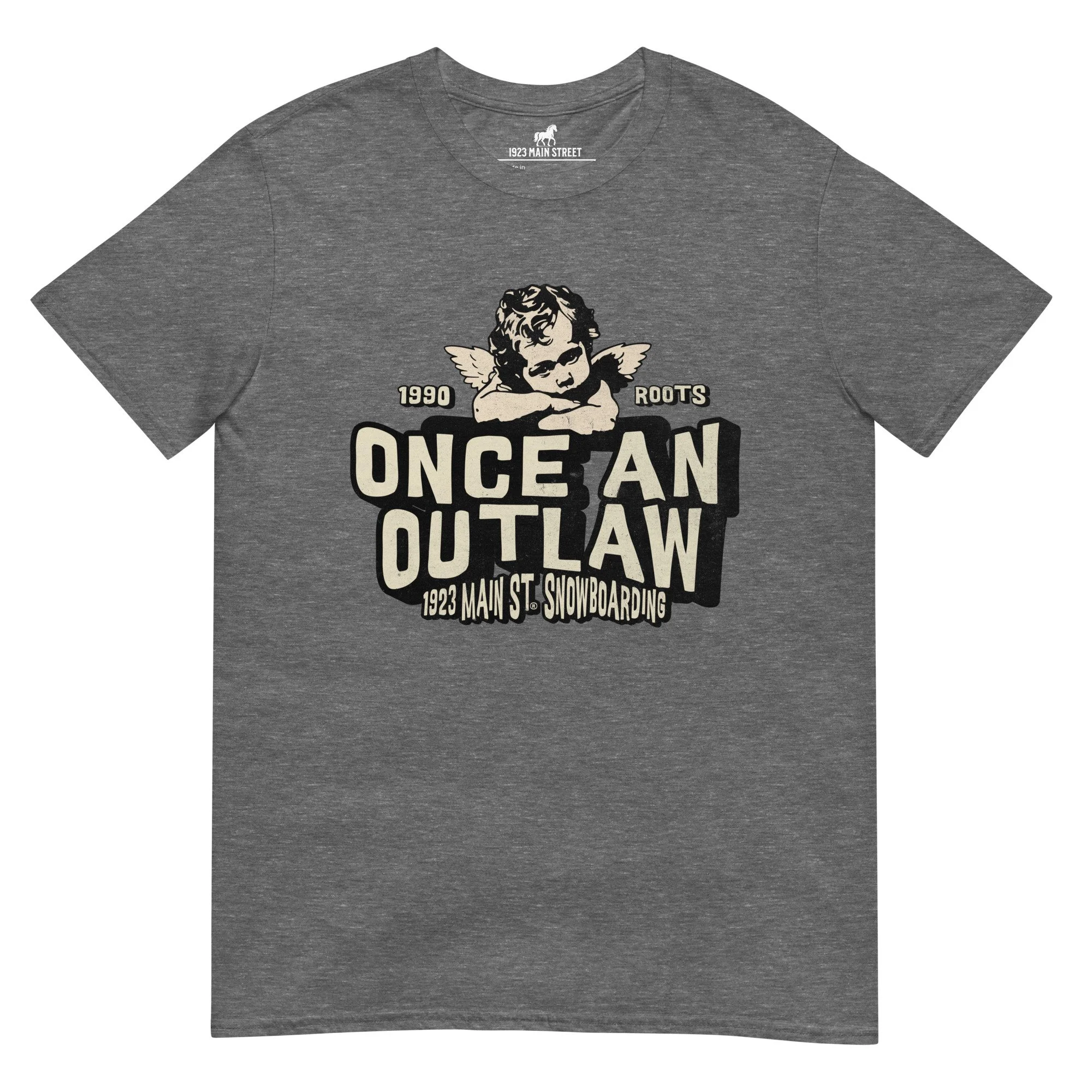 Once an Outlaw Cherub snowboarding t-shirt graphite heather.