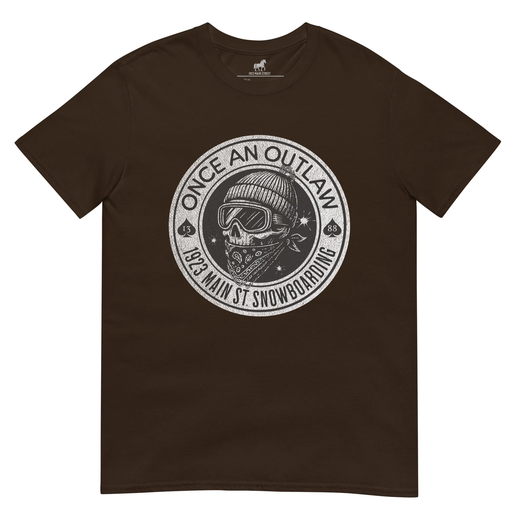 Once an Outlaw Skull Spades snowboard t-shirt dark chocolate.