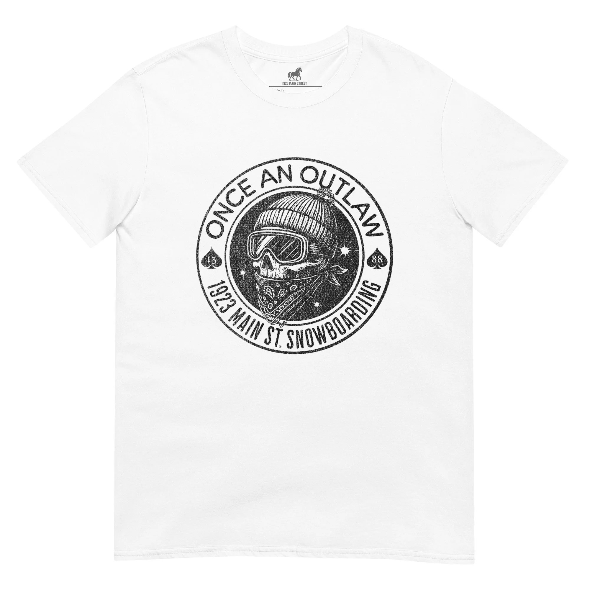 Once an Outlaw Skull Spades snowboard t-shirt white.