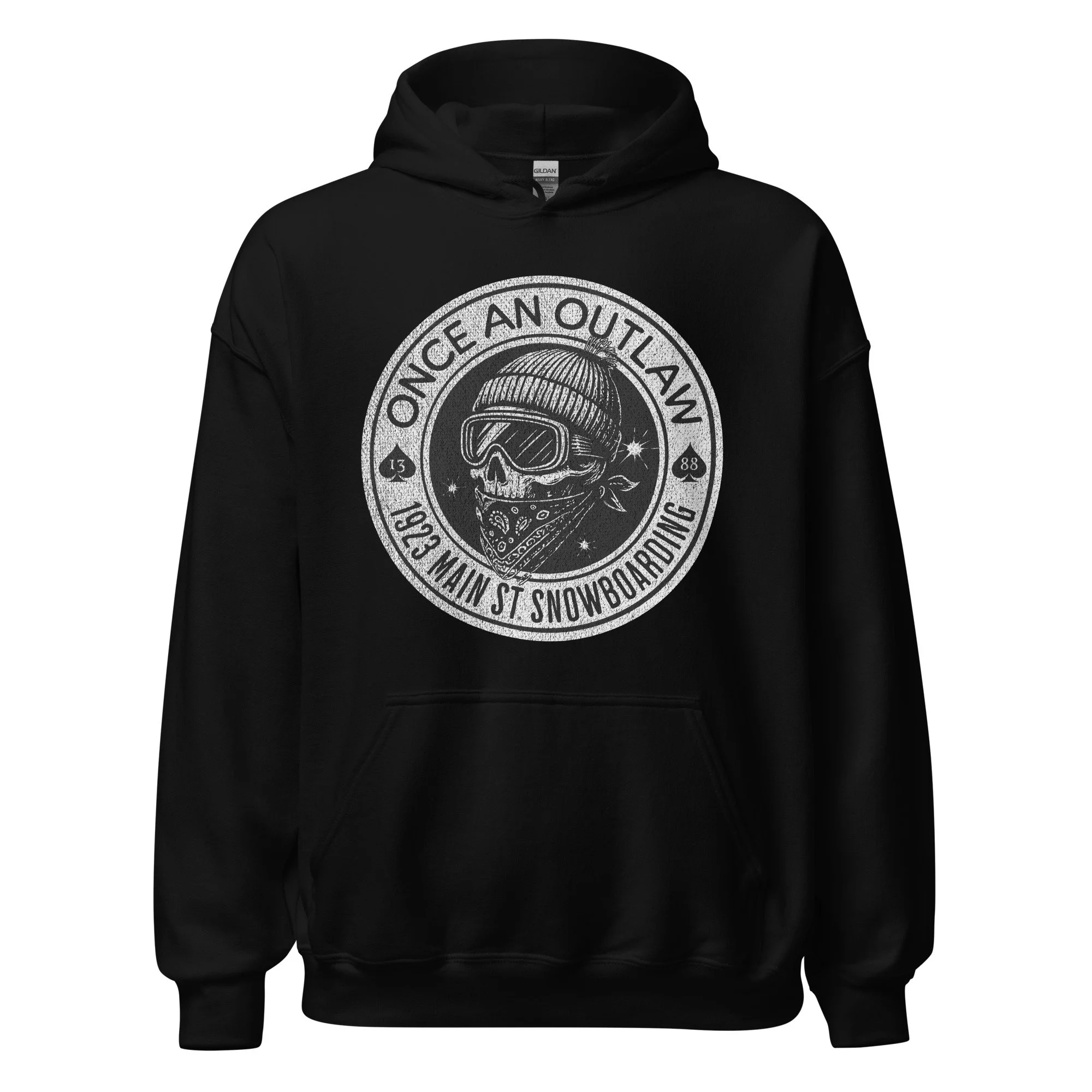 Once an Outlaw Skull Spades snowboard hoodie black.