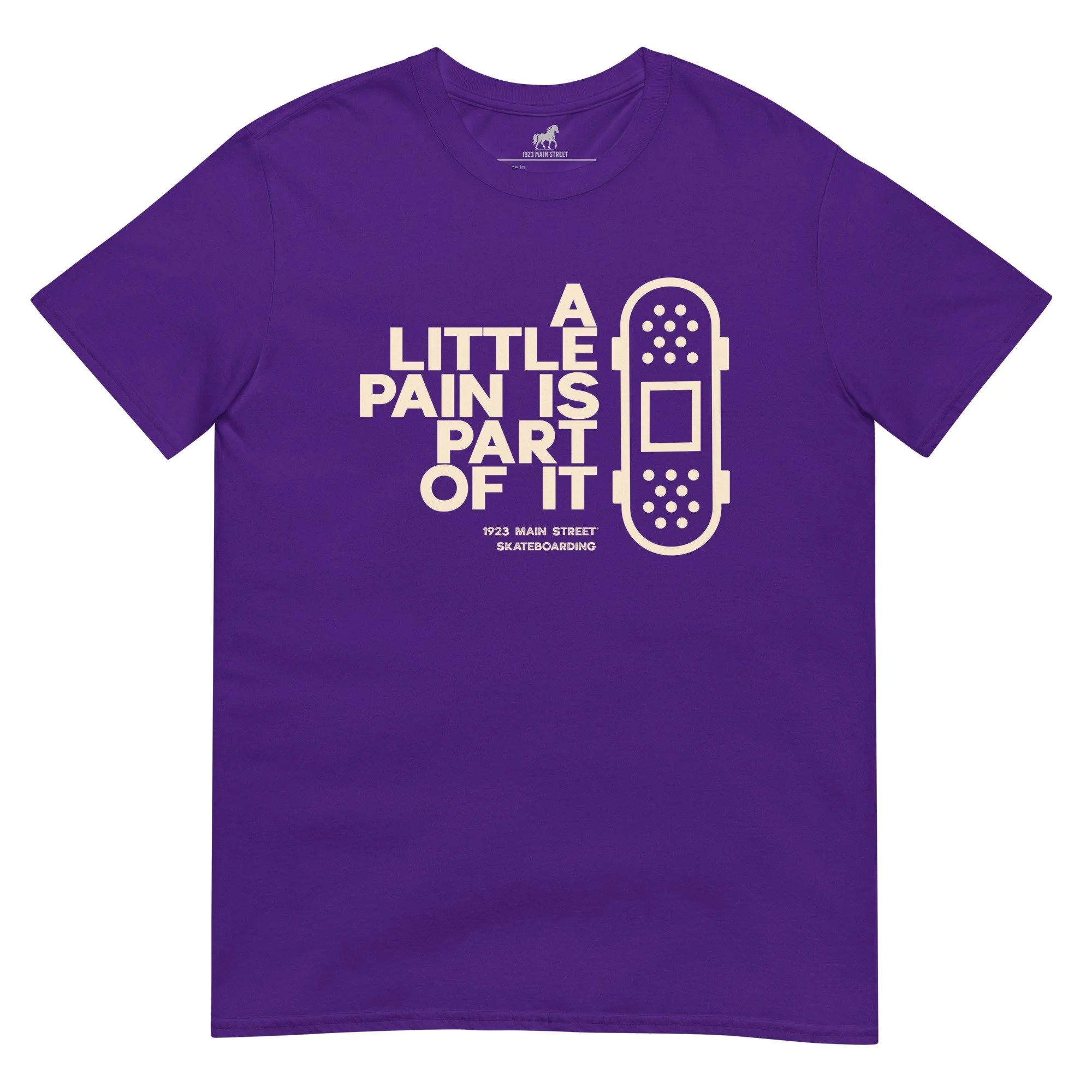 A Little Pain is Part of It skateboard tee purple.