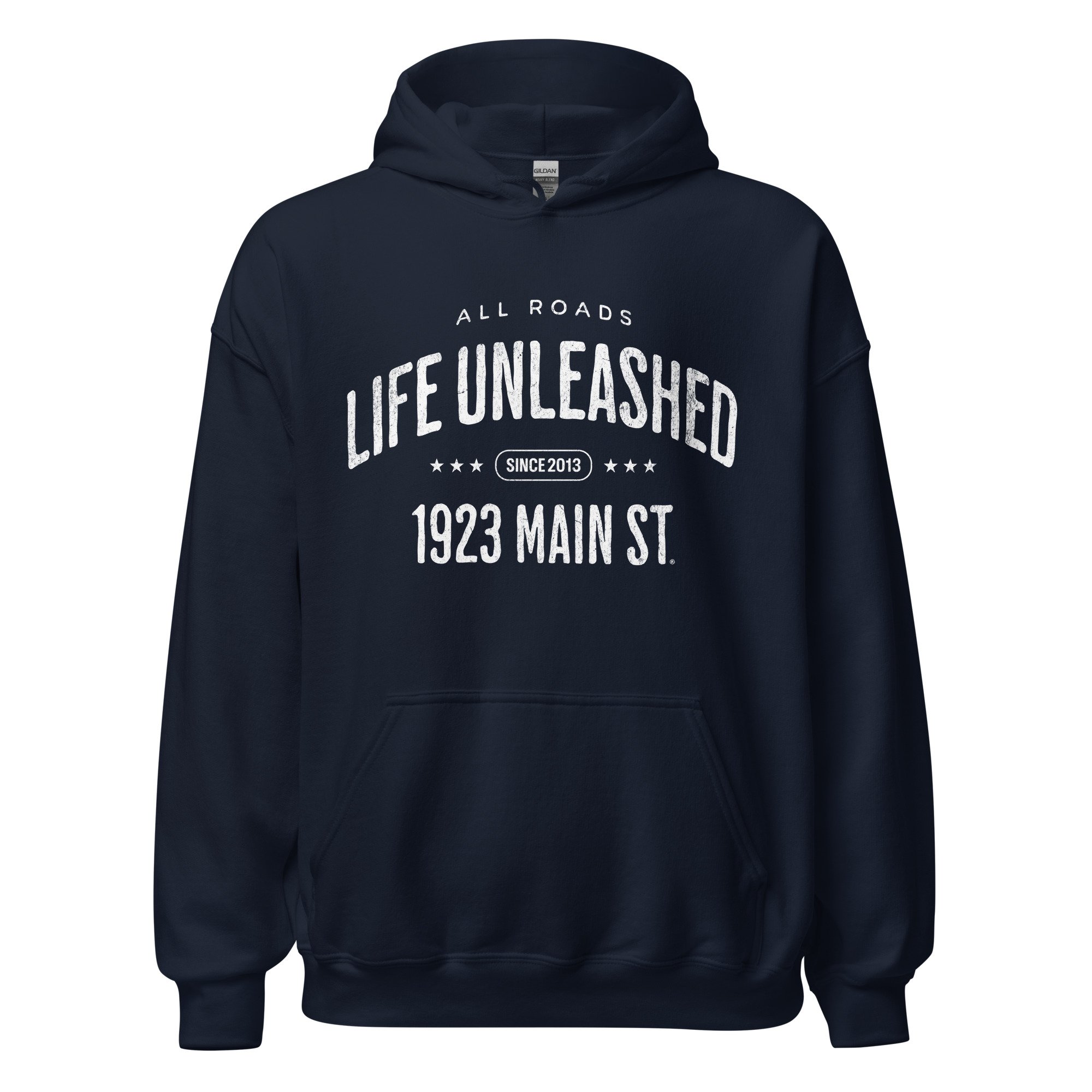 Life Unleashed Arch Skateboard hoodie navy.