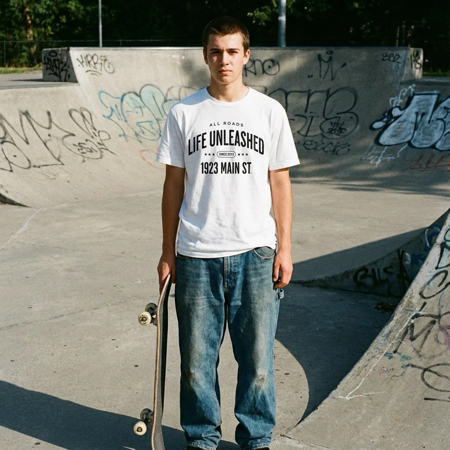 The freedom to ride unleashed and untethered. The Life Unleashed Arch skateboarding tee by 1923 Main Street&reg; is lightweight, comfortable and moves with you wherever your path takes you. 

All Roads, Unleashed.

https://www.1923mainstreet.com/shop