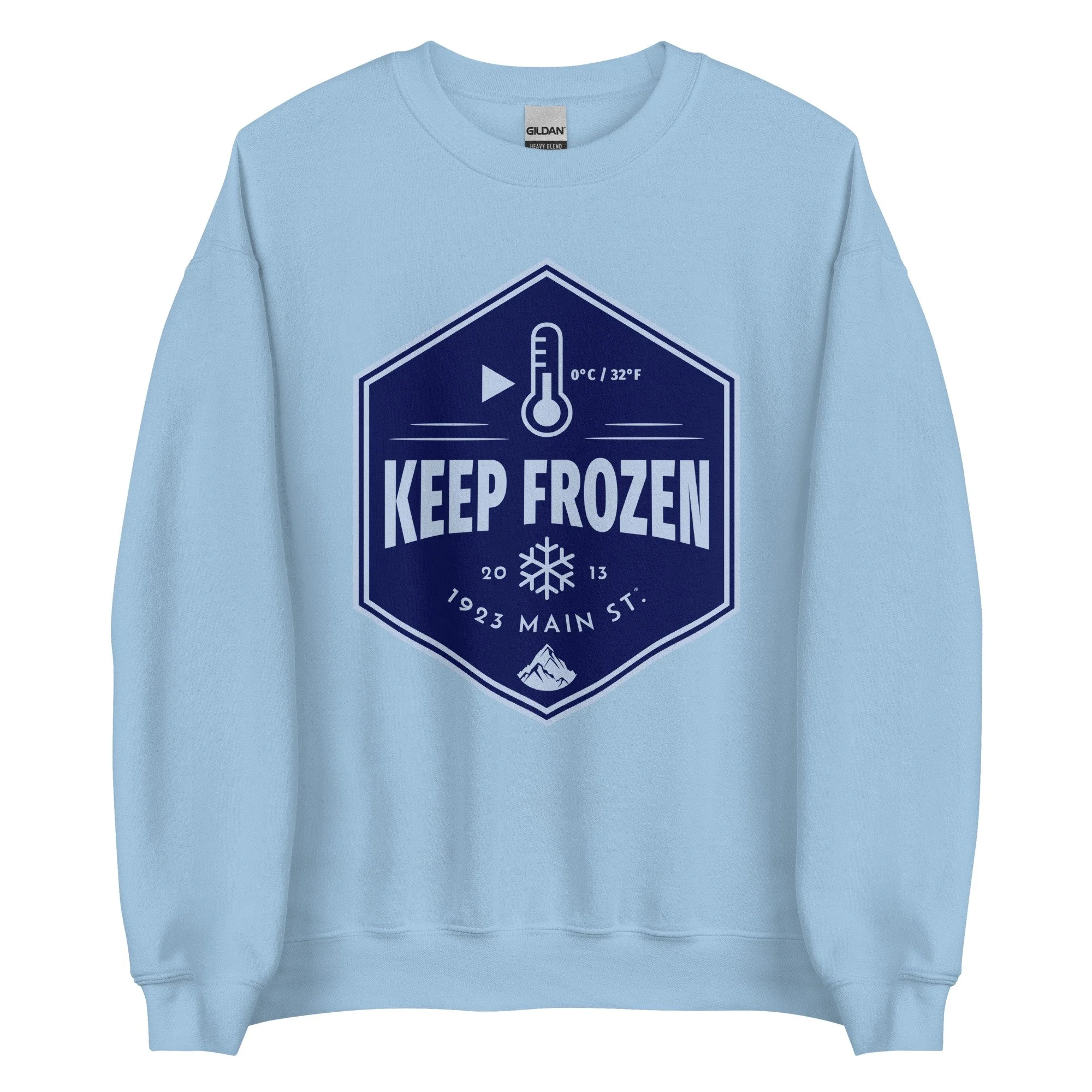Keep Frozen Label Snowboard Sweatshirt light blue.