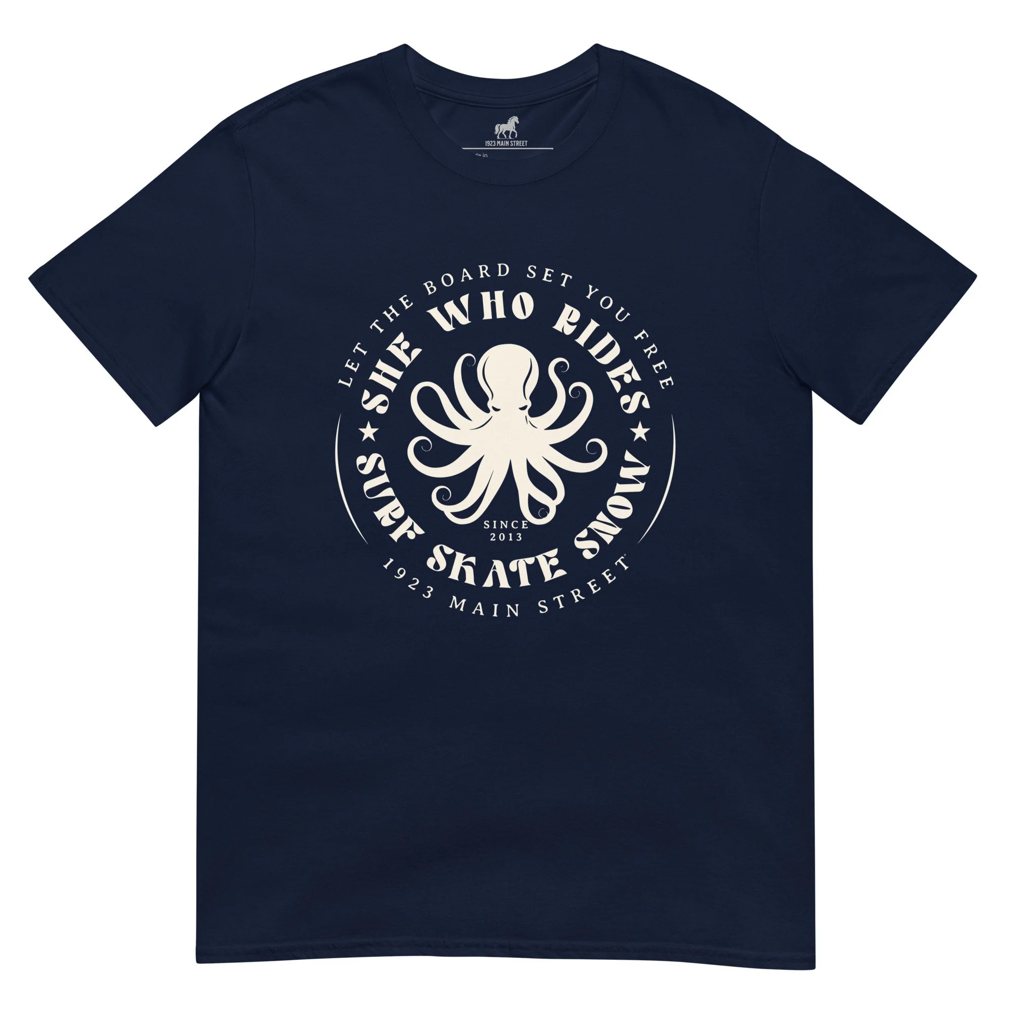 She Who Rides, Octopus t-shirt snow skate surf in navy.