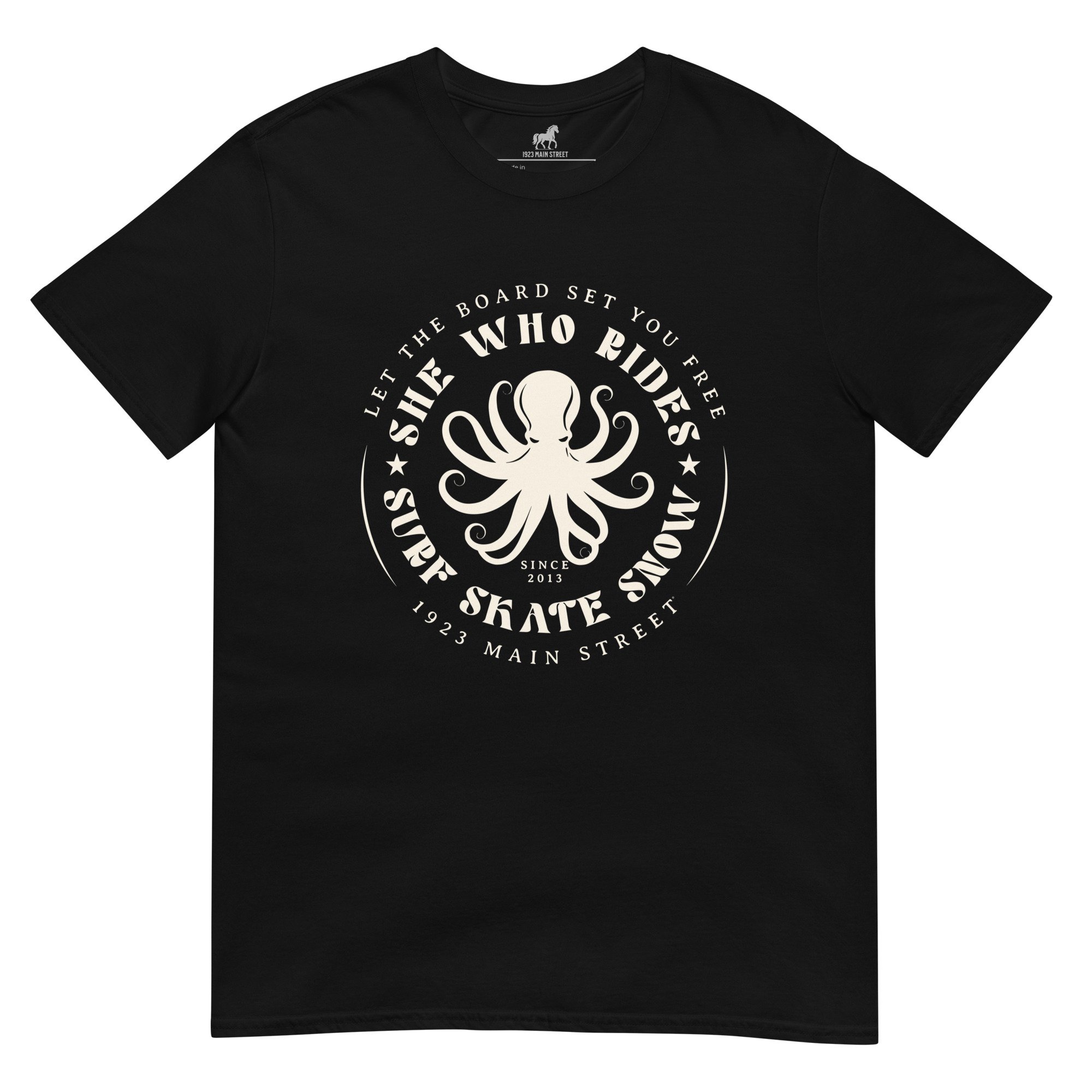 She Who Rides, Octopus t-shirt snow skate surf in black.