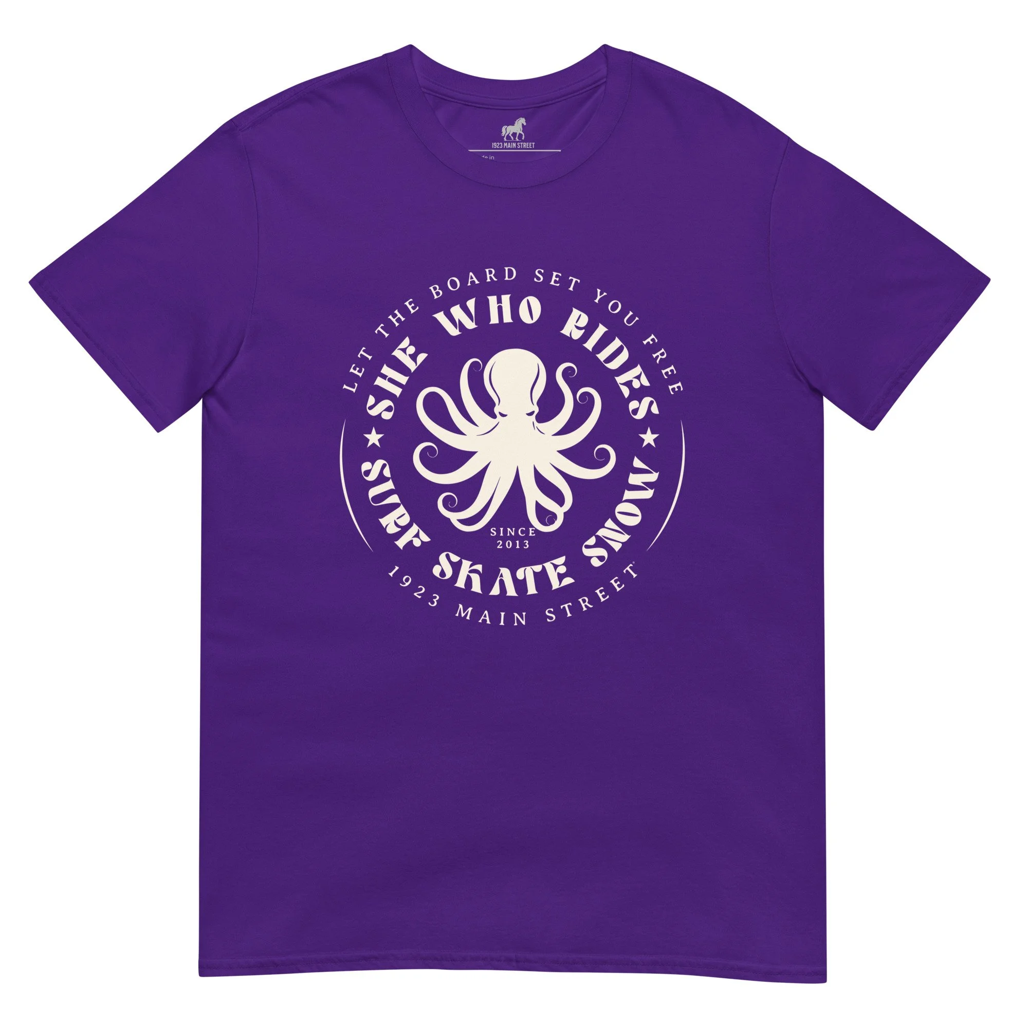She Who Rides, Octopus t-shirt snow skate surf in purple