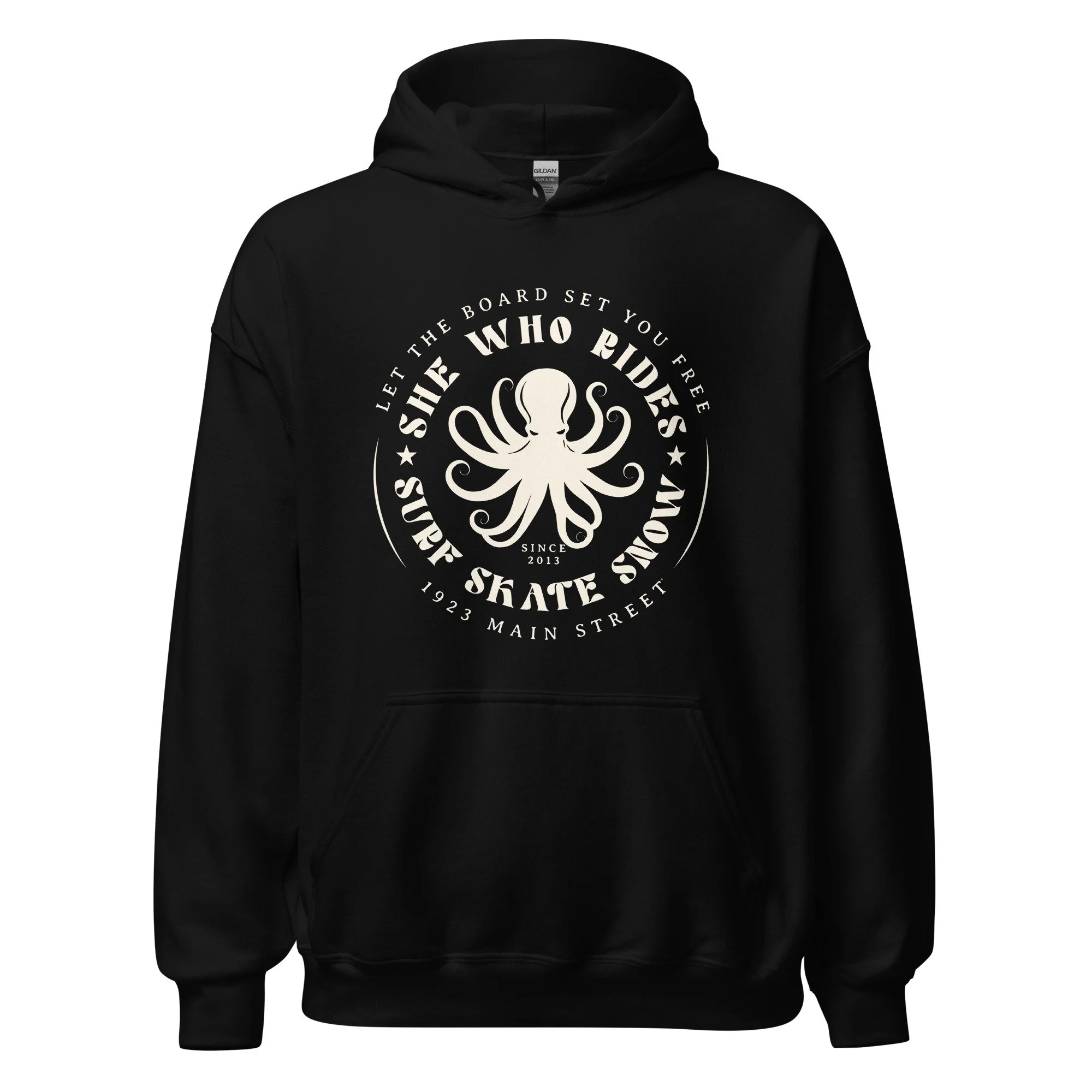 She Who Rides, Octopus, Snow Skate Surf hoodie black.