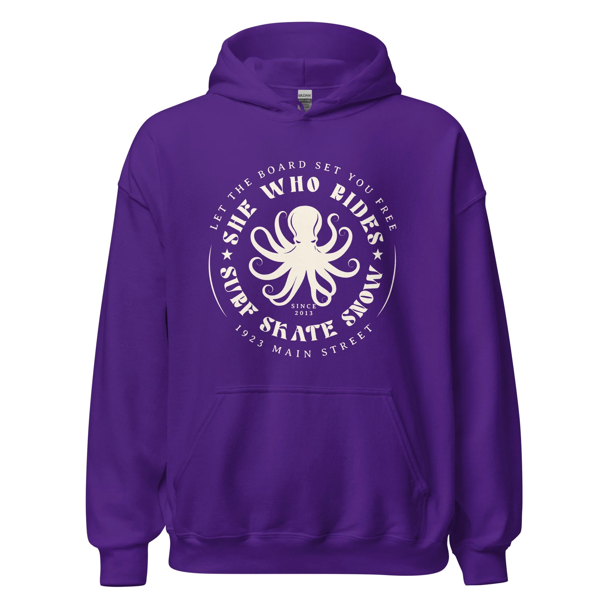 She Who Rides, Octopus, Snow Skate Surf hoodie purple.