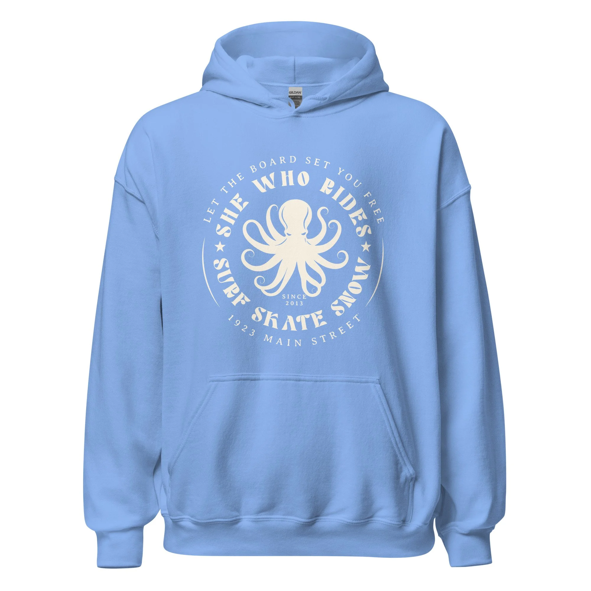 She Who Rides, Octopus, Snow Skate Surf hoodie carolina blue.