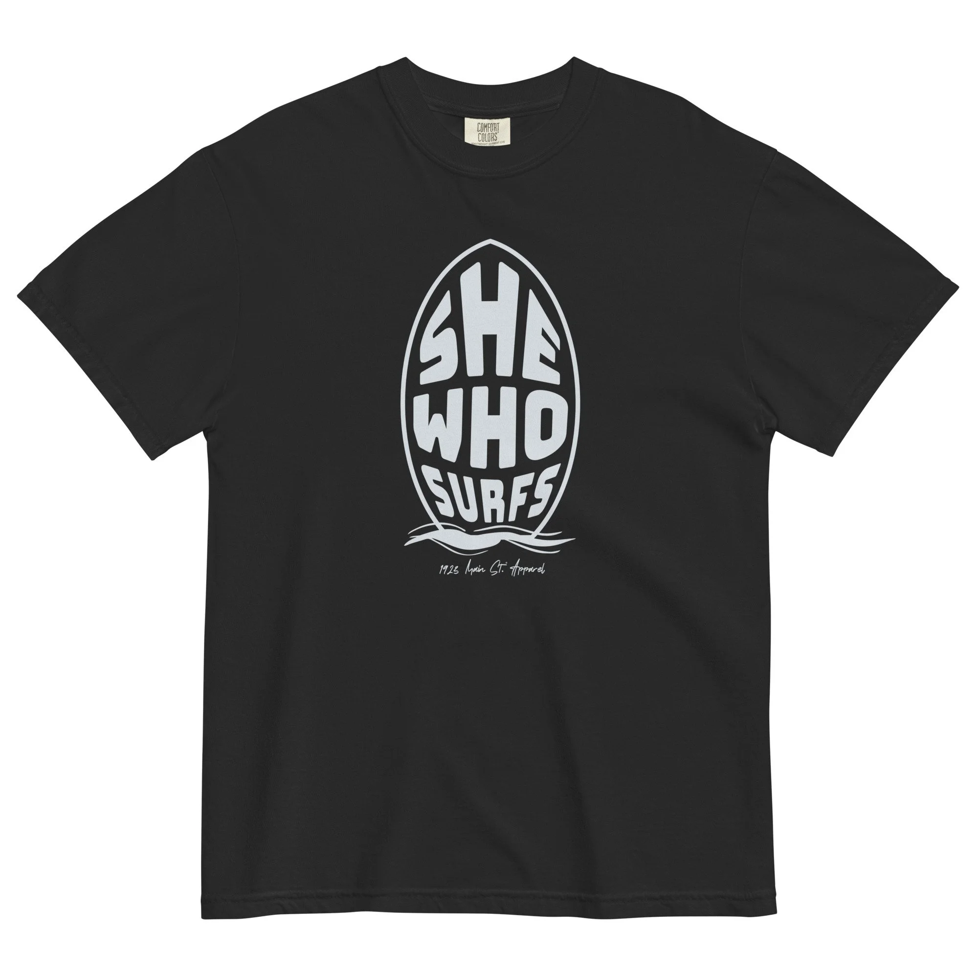 She Who Surfs, Tombstone, Women's Surf Tee black.