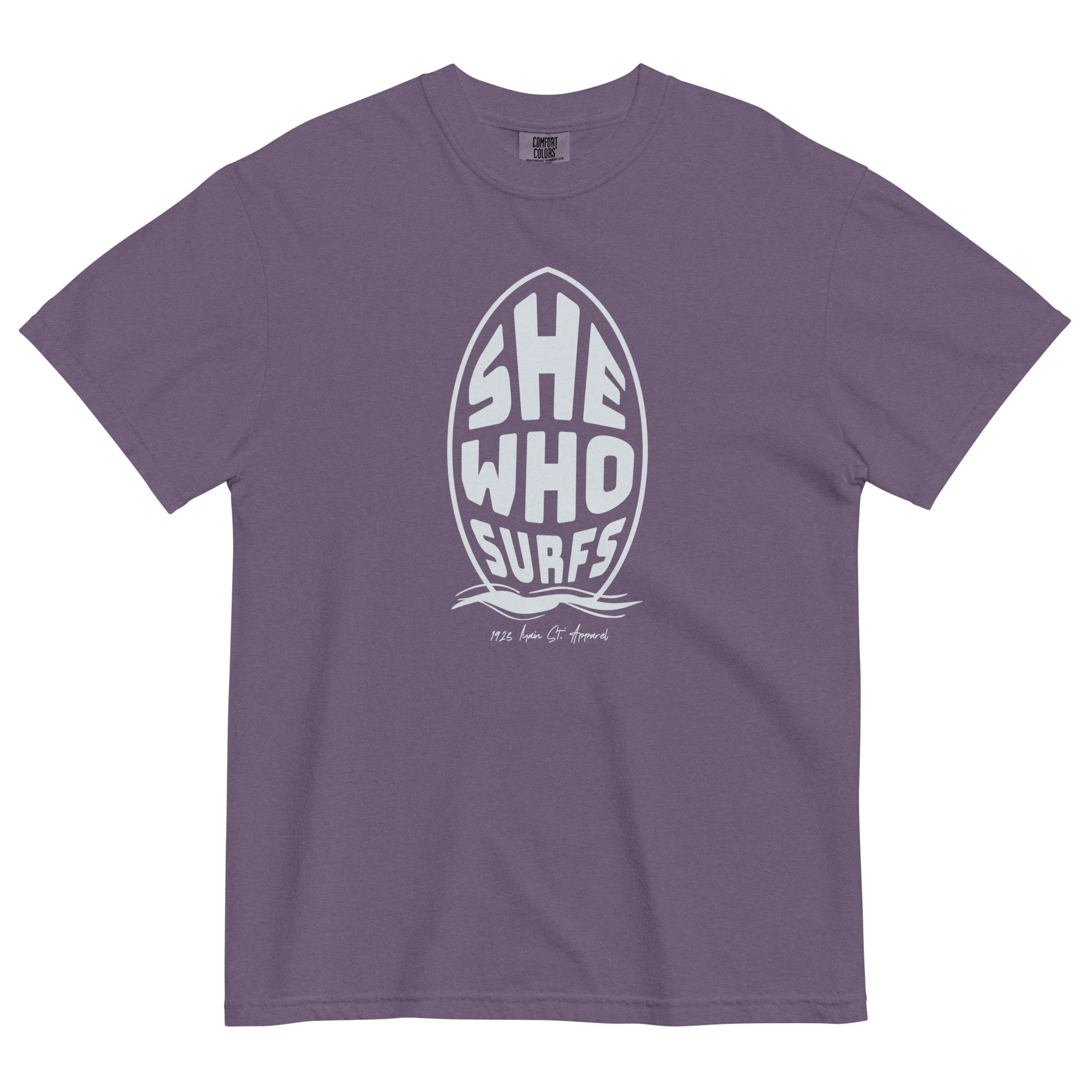 She Who Surfs, Tombstone, Women's Surf Tee grape.