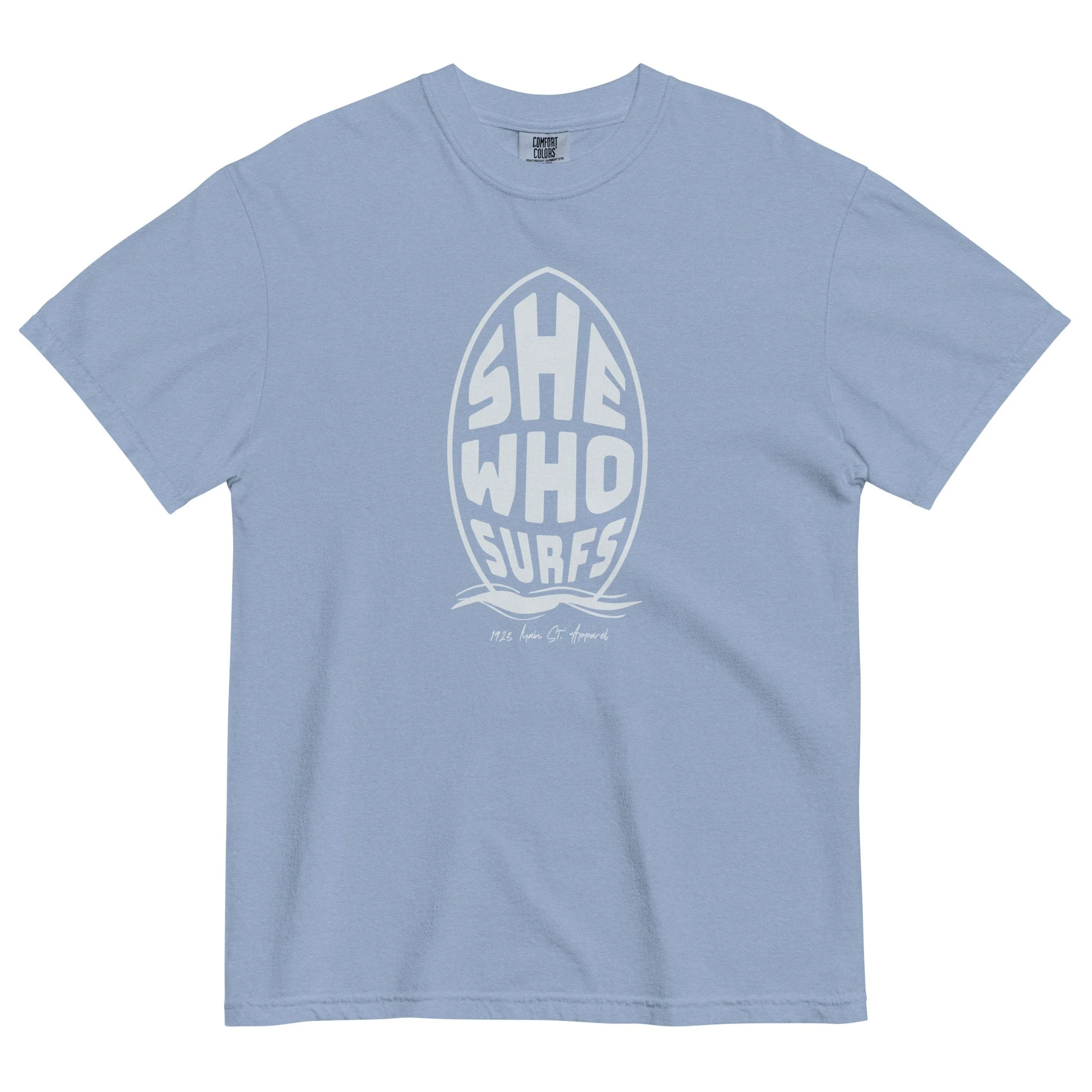 She Who Surfs, Tombstone, Women's Surf Tee washed denim.