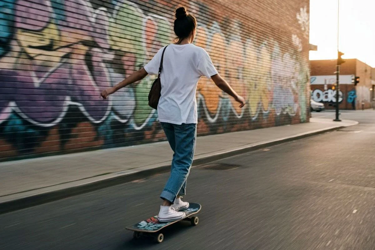 Skater girl on the street skateboarding.
