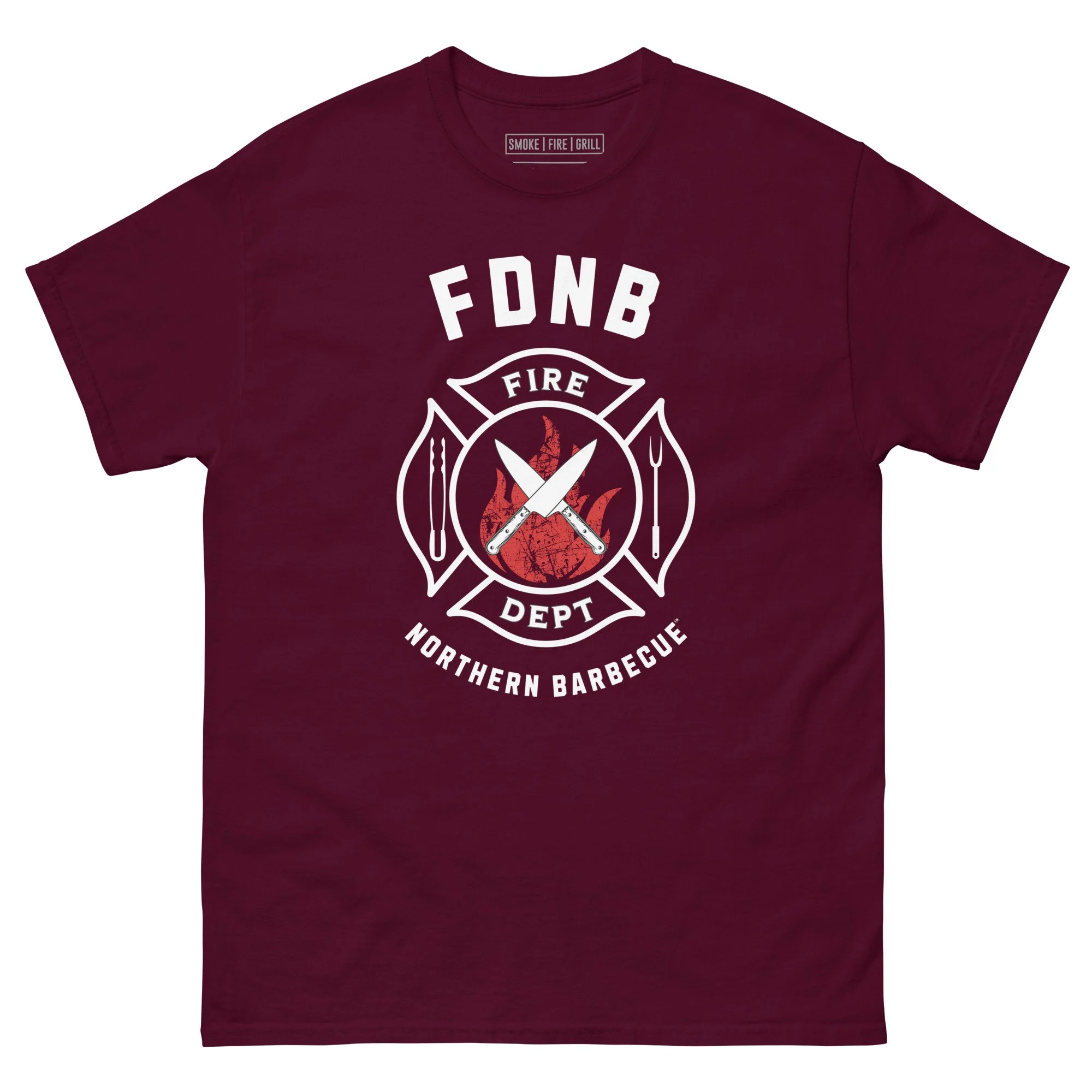 FDNB Fire Department Northern Barbecue t-shirt maroon.