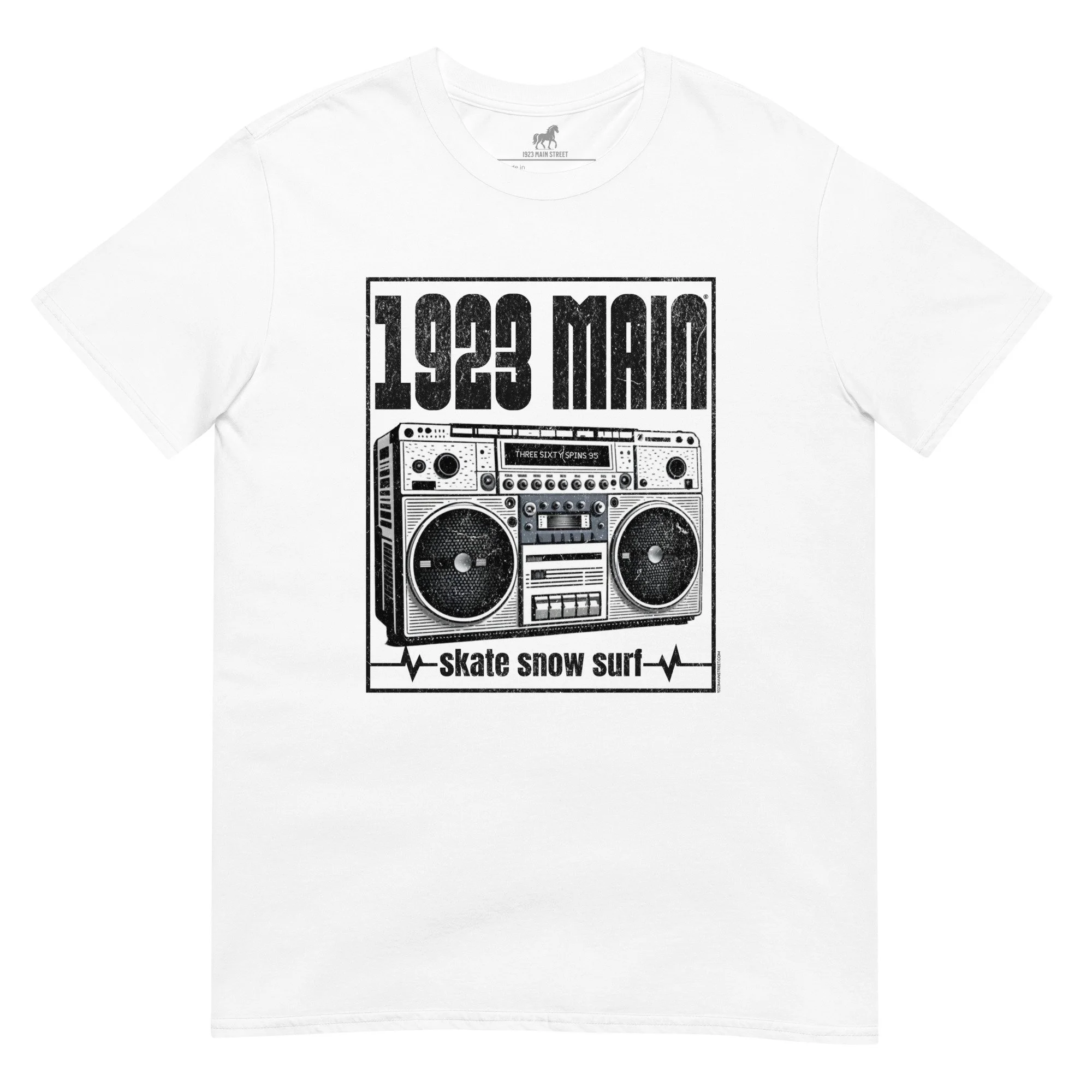 1923 Main Boom Box t-shirt for skaters snowboarders and surfers in white.