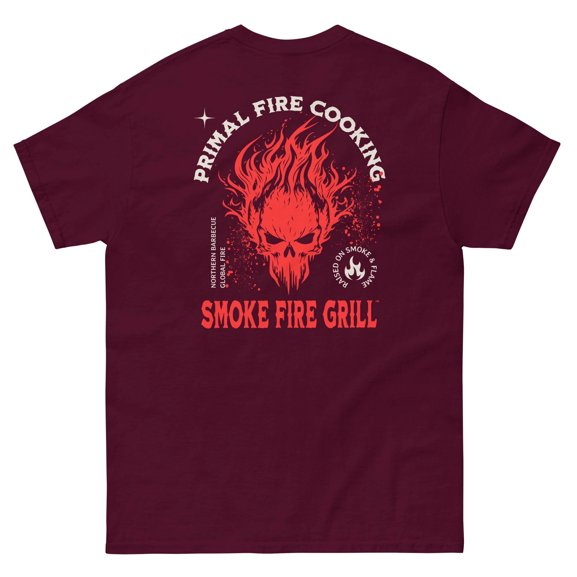 Primal Fire Cooking, Burning Skull barbecue t-shirt maroon back.