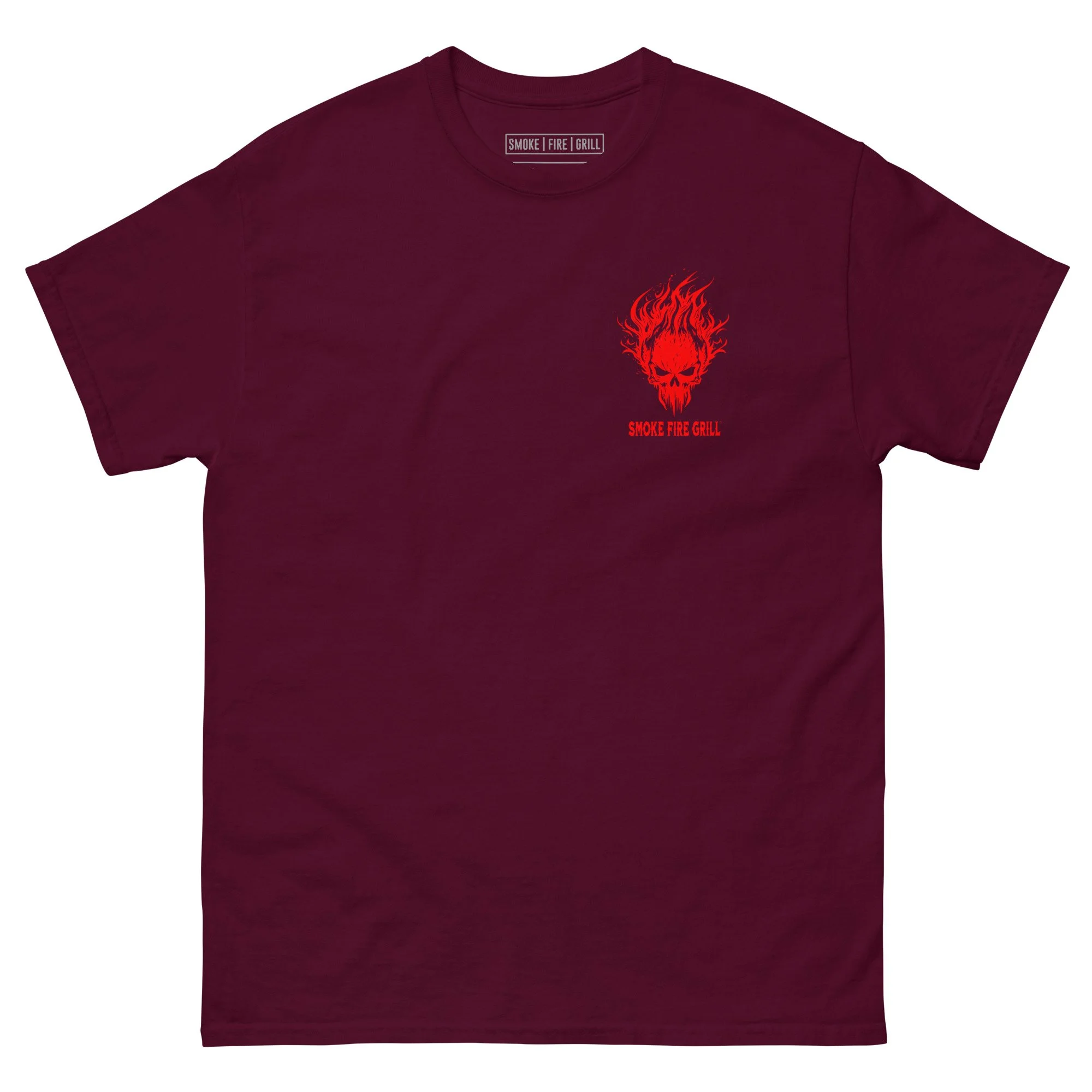 Primal Fire Cooking, Burning Skull barbecue t-shirt maroon front.
