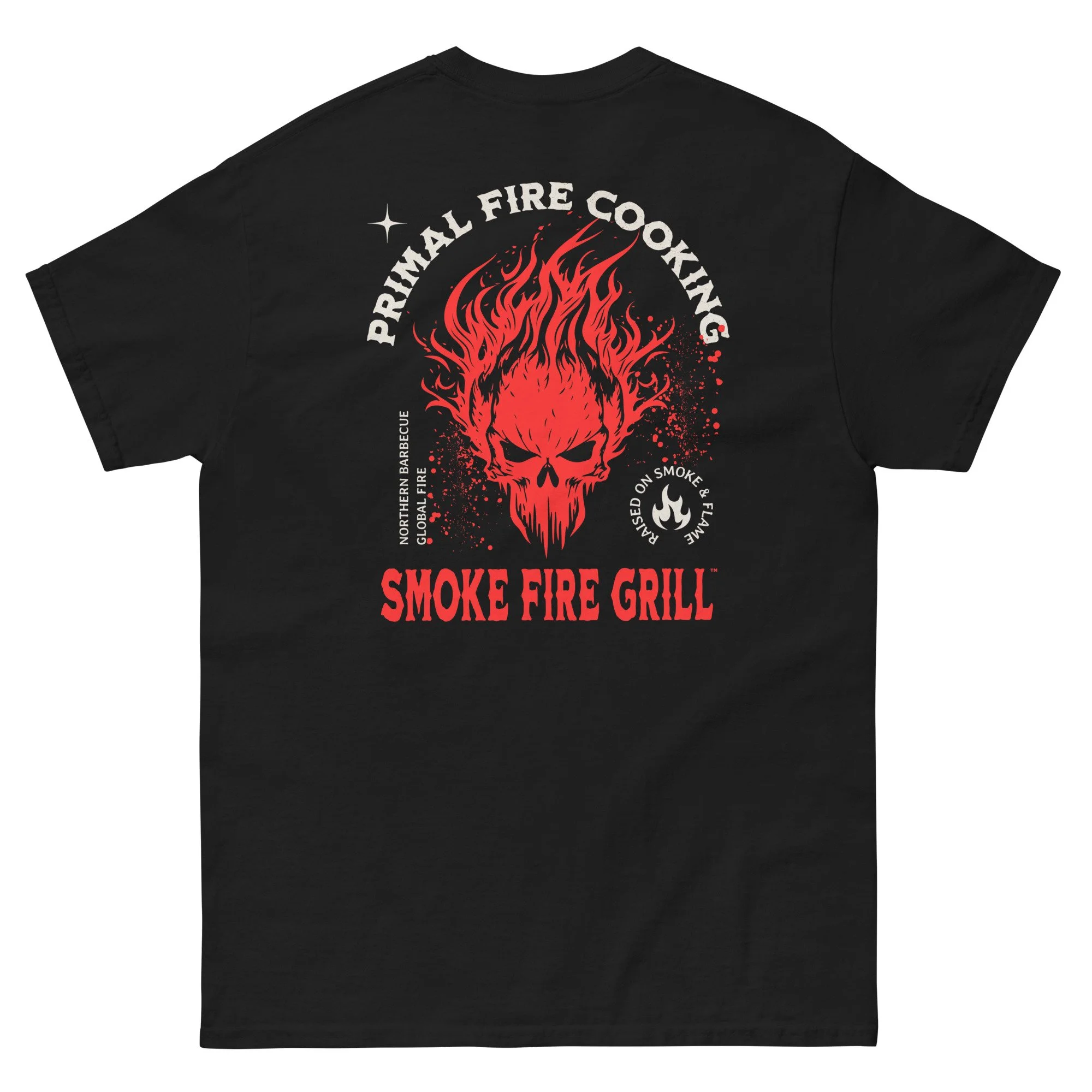 Primal Fire Cooking, Burning Skull barbecue t-shirt black back.