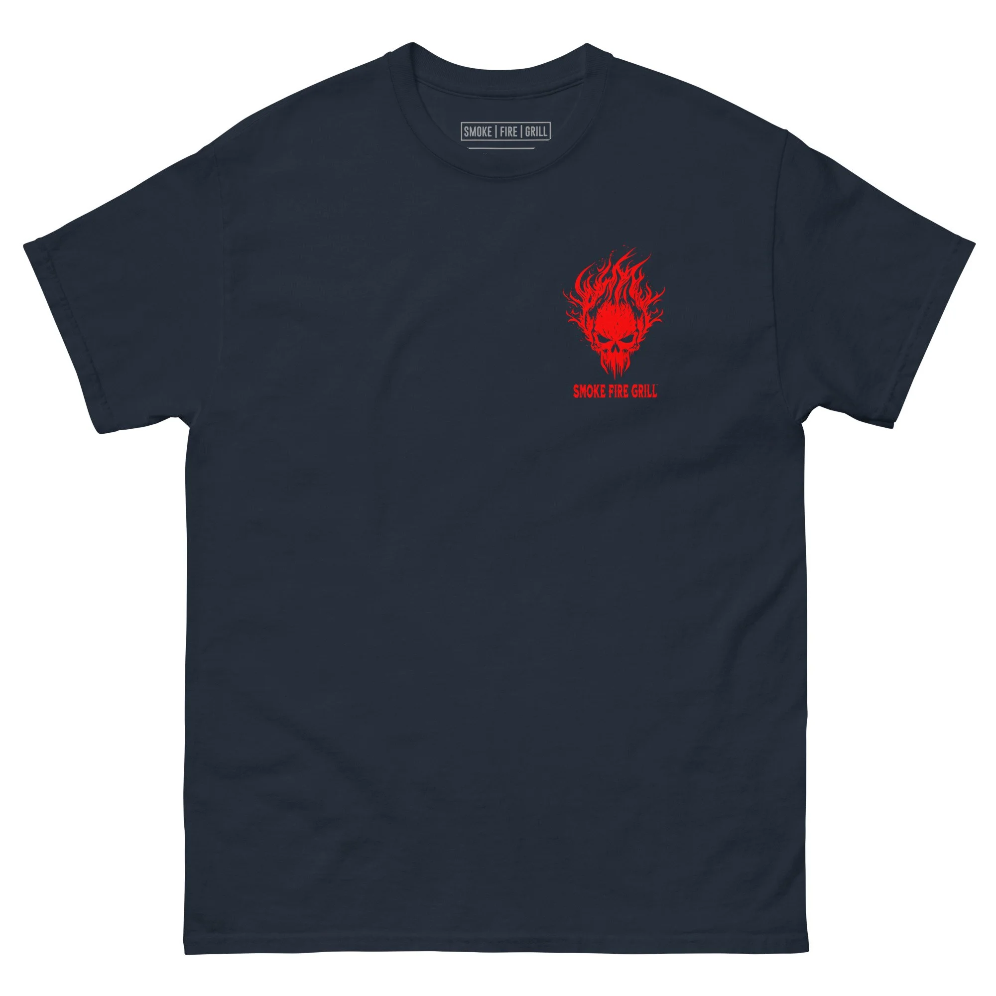 Primal Fire Cooking, Burning Skull barbecue t-shirt navy front.