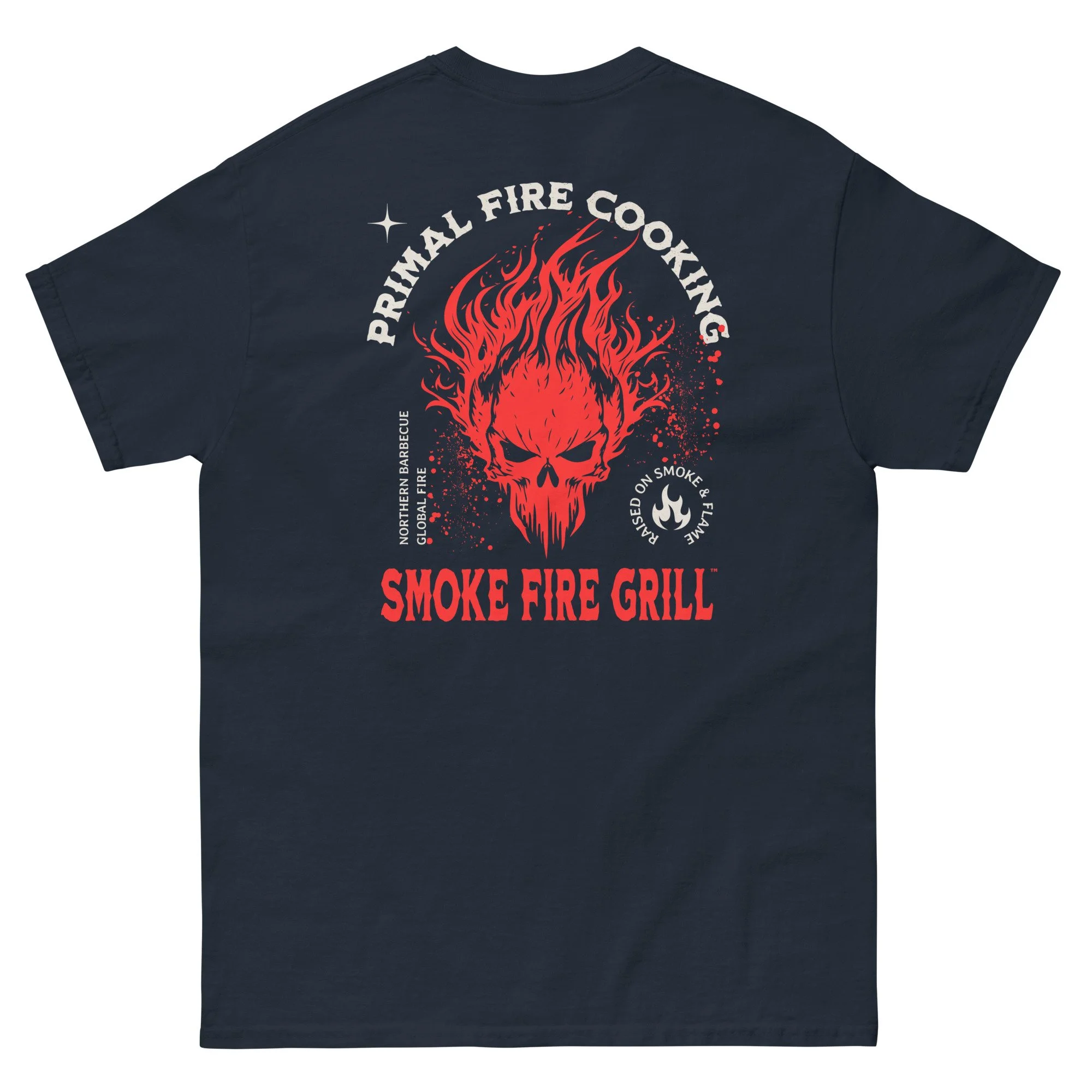 Primal Fire Cooking, Burning Skull barbecue t-shirt navy back.