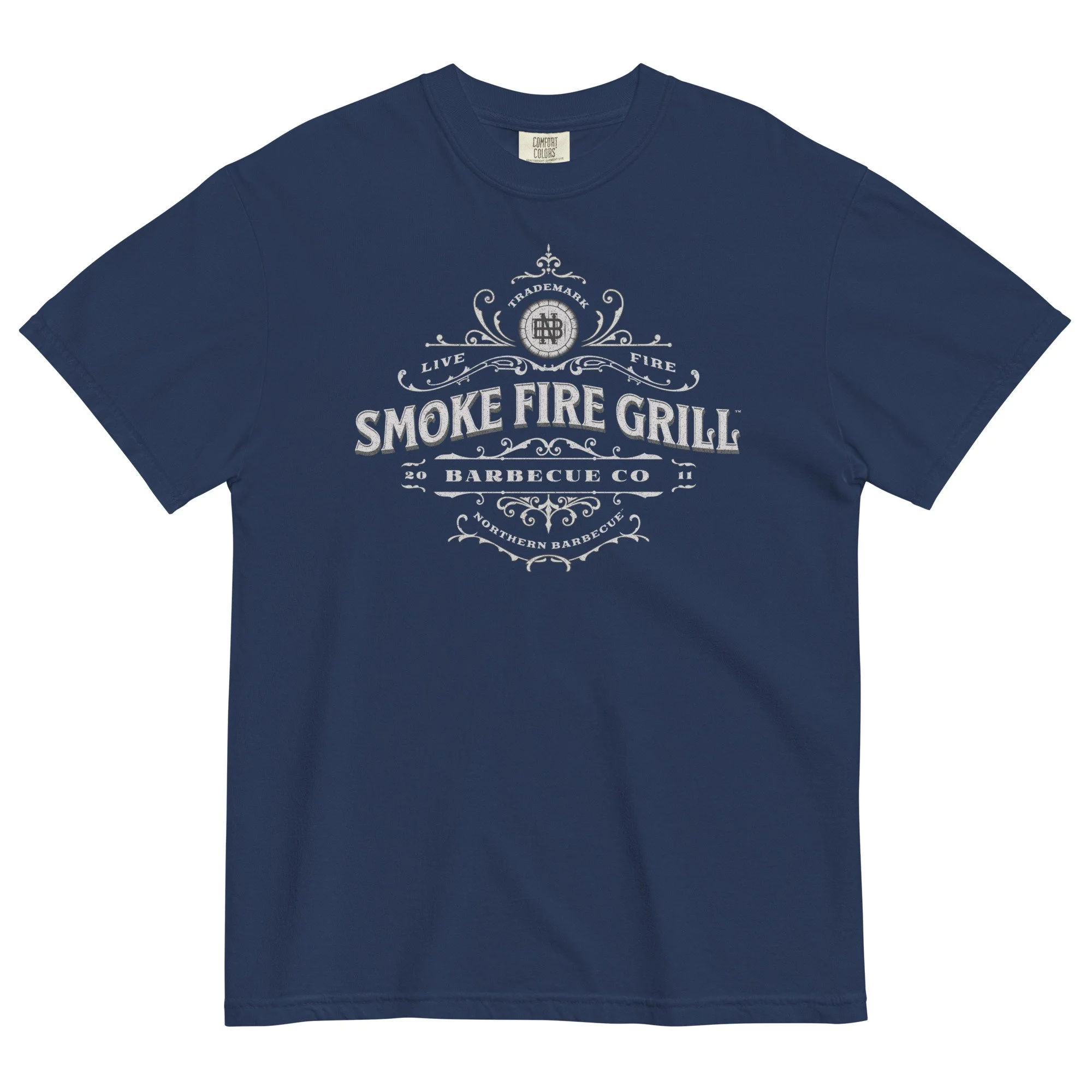 Smoke Fire Grill Revival Crest vintage t-shirt true navy.