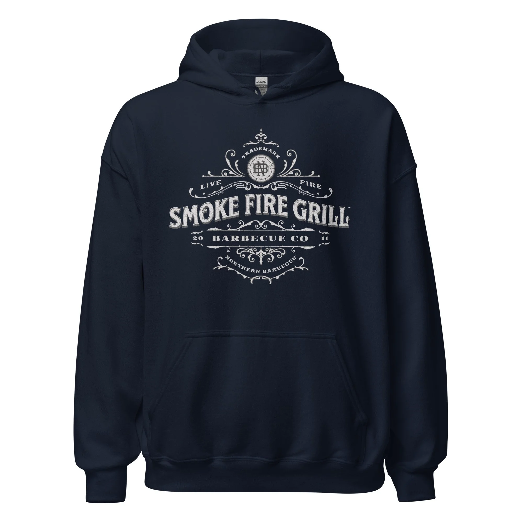 Smoke Fire Grill, Revival Crest hoodie navy.
