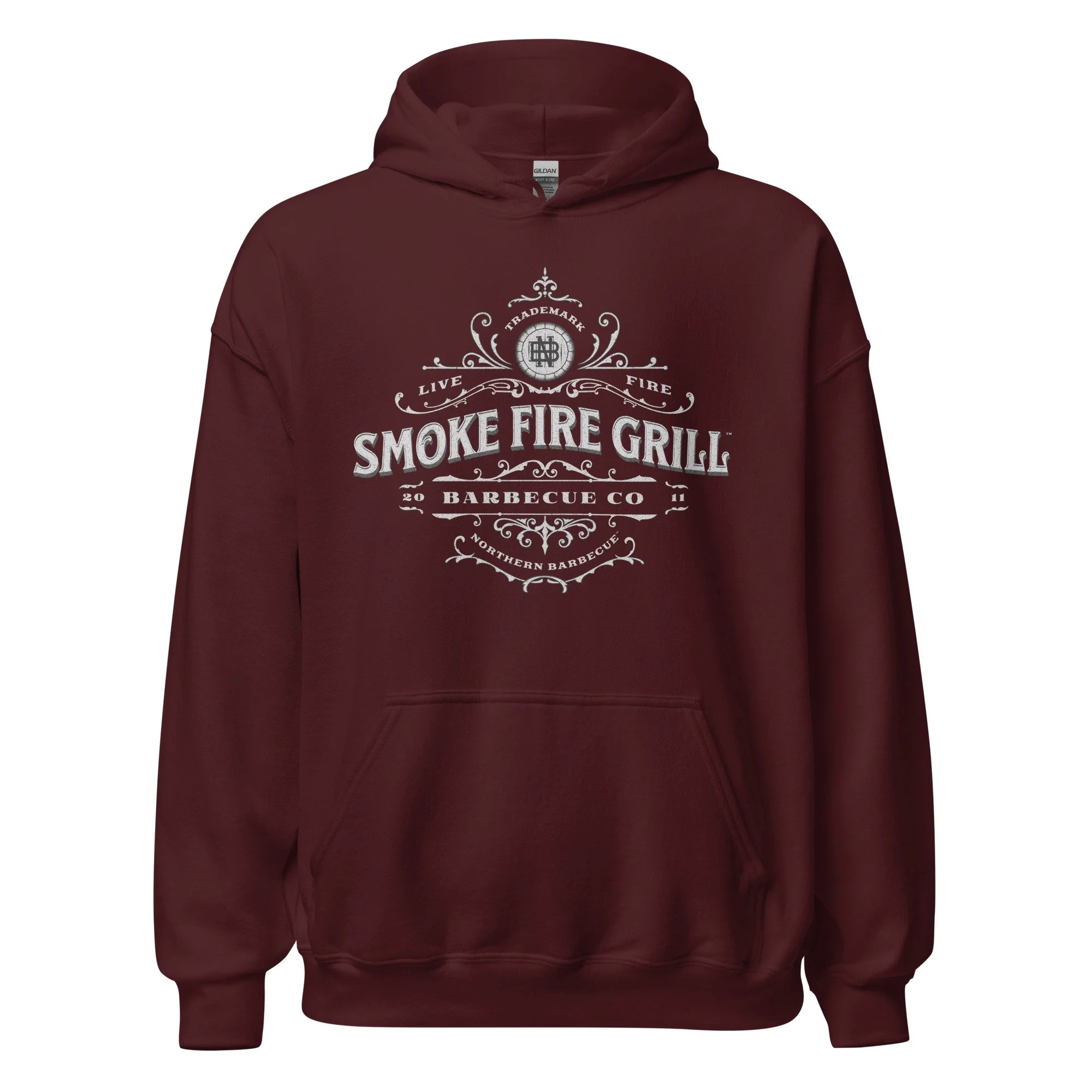 Smoke Fire Grill, Revival Crest hoodie maroon.