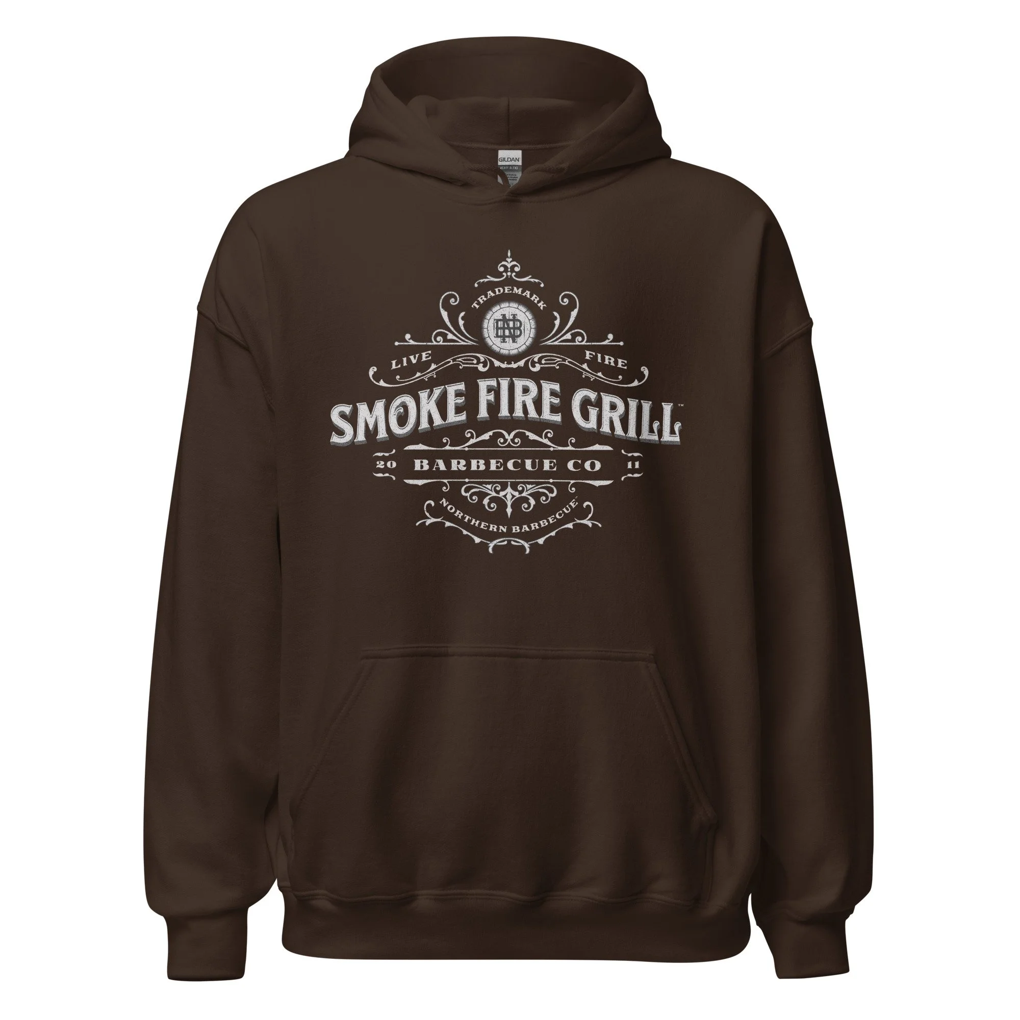 Smoke Fire Grill, Revival Crest hoodie dark chocolate.