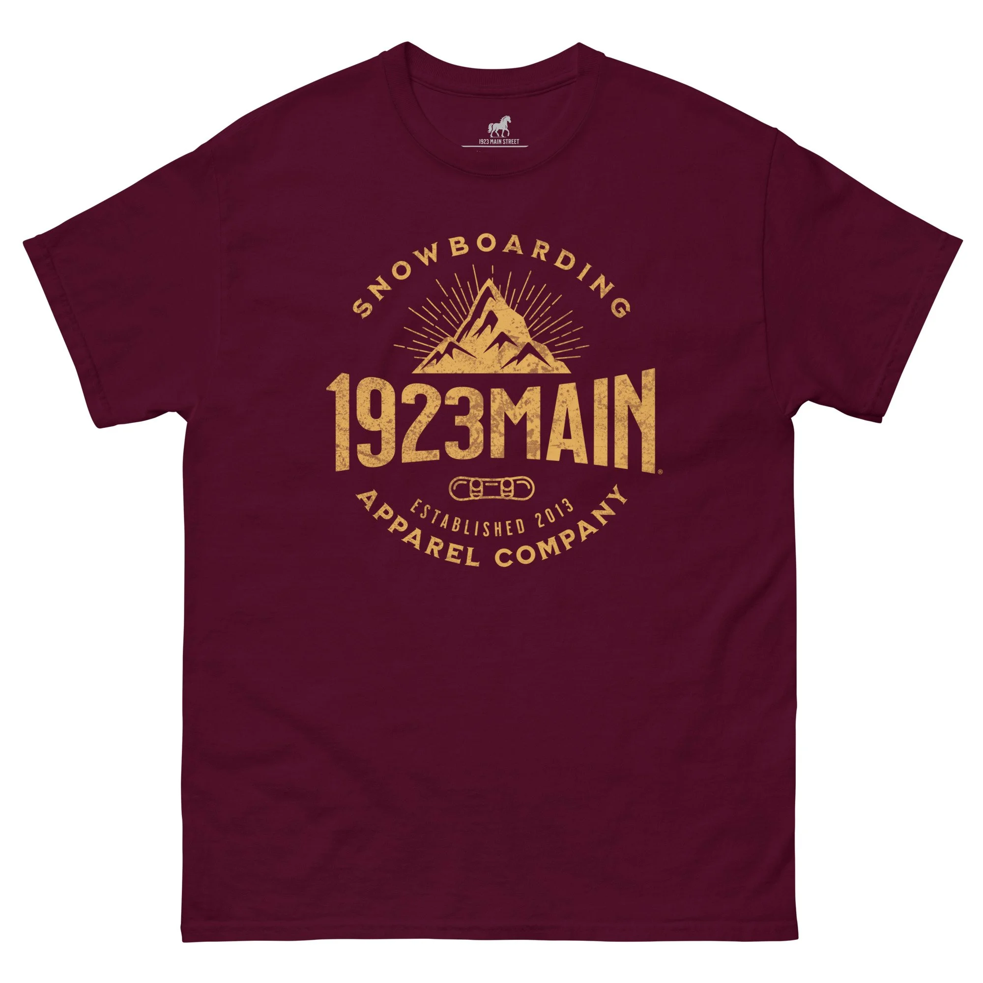1923 Main Mountain Expansion snowboarding t-shirt maroon.