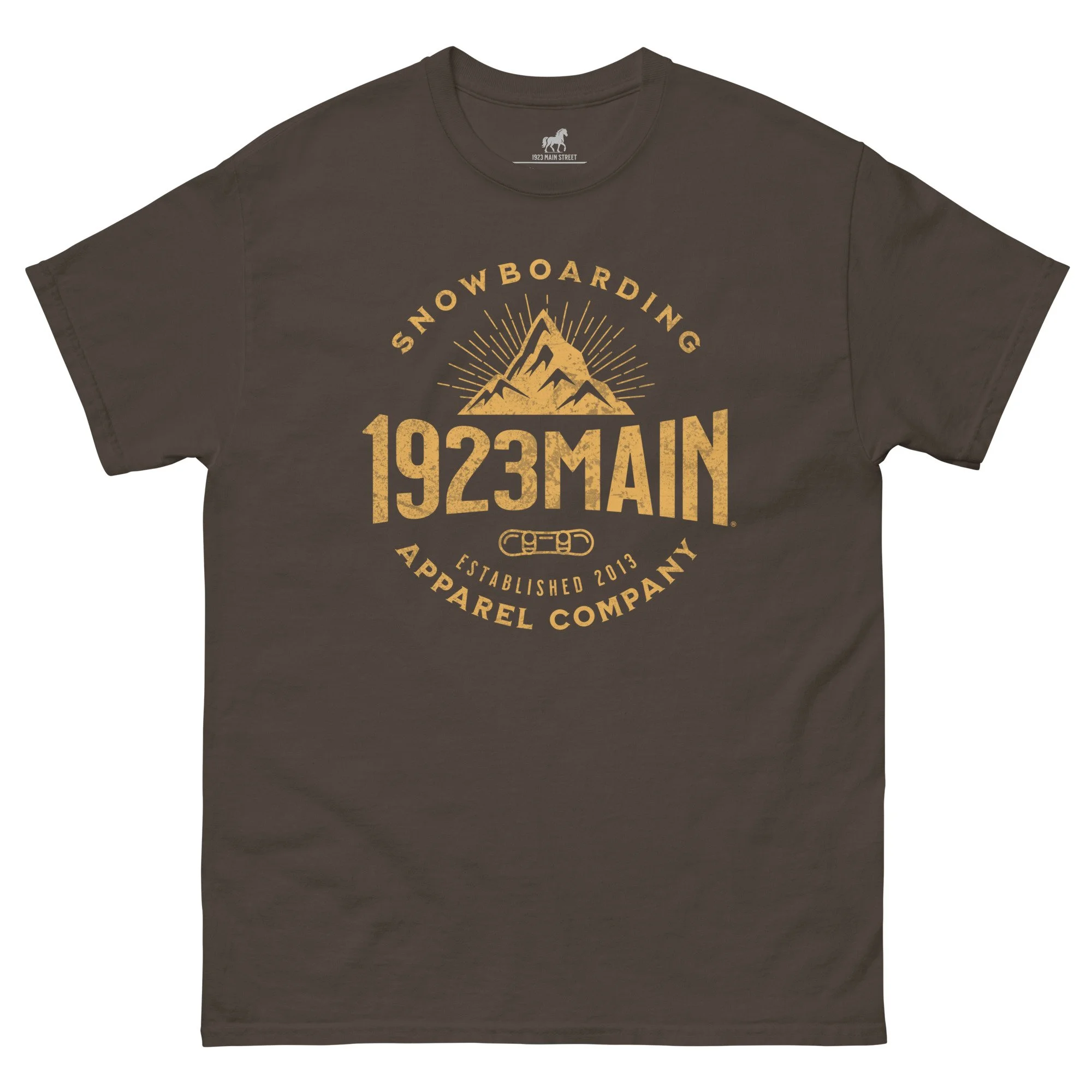 1923 Main Mountain Expansion snowboarding t-shirt dark chocolate.