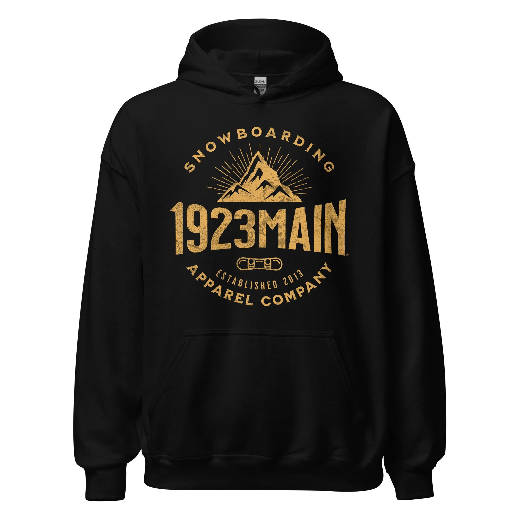 1923 Main - Mountain Expansion unisex snowboard hoodie, black.