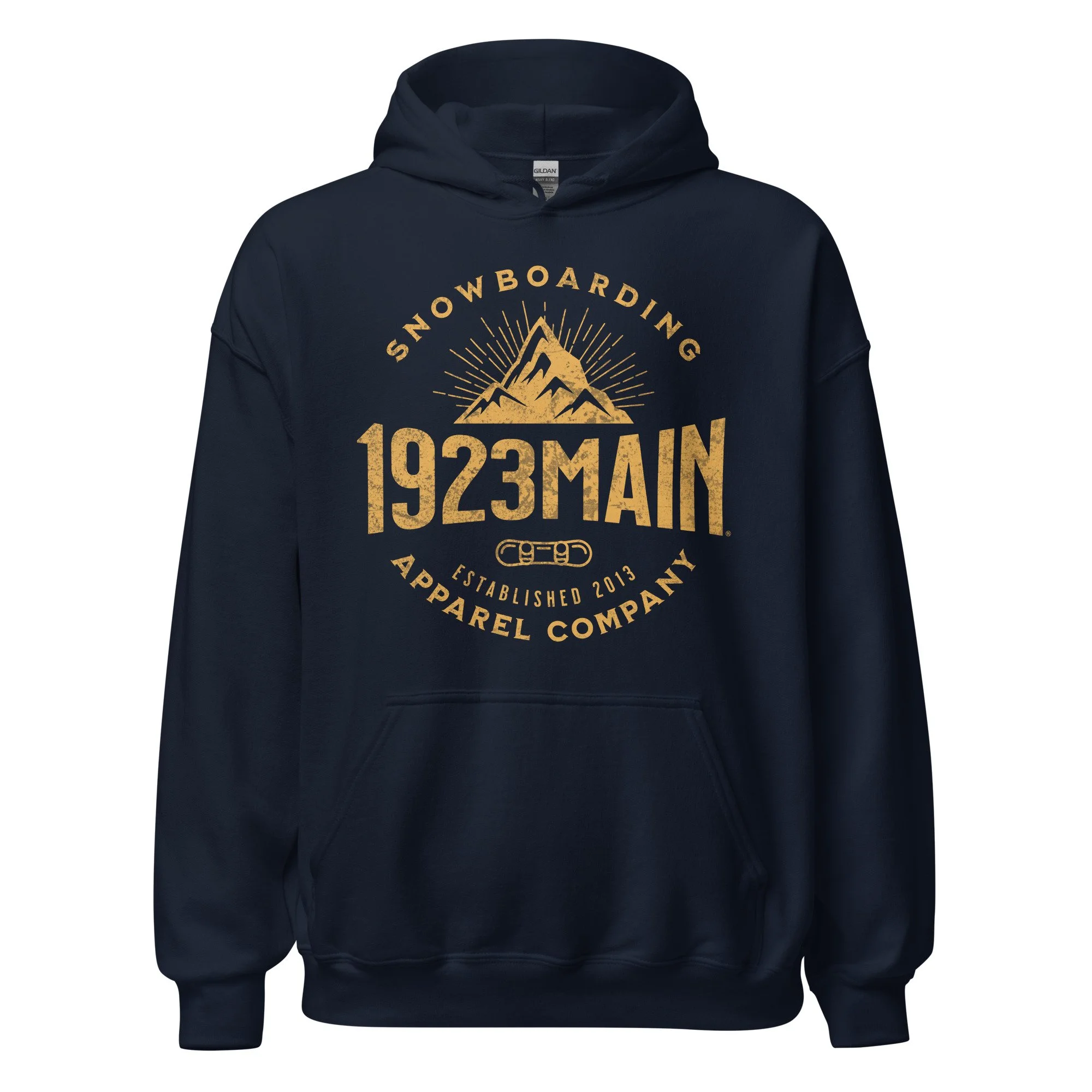 1923 Main - Mountain Expansion unisex snowboard hoodie, navy.