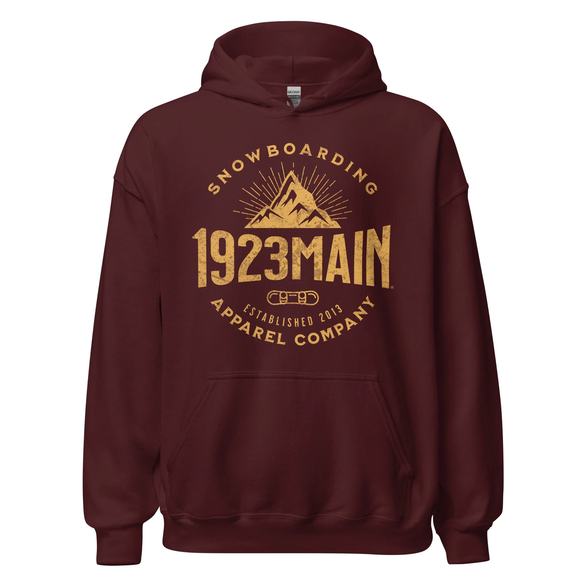 1923 Main - Mountain Expansion unisex snowboard hoodie, maroon.
