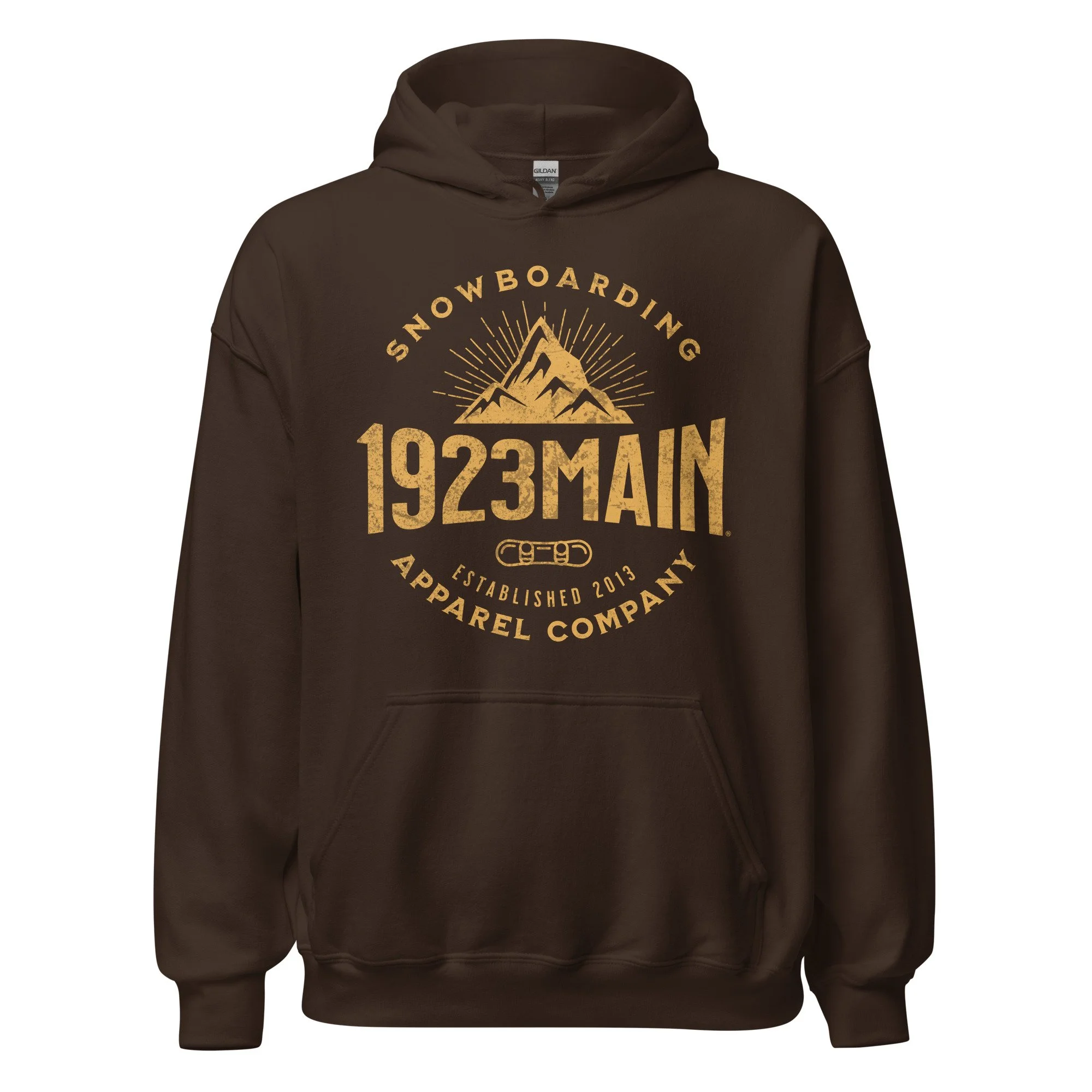 1923 Main - Mountain Expansion unisex snowboard hoodie, dark chocolate.