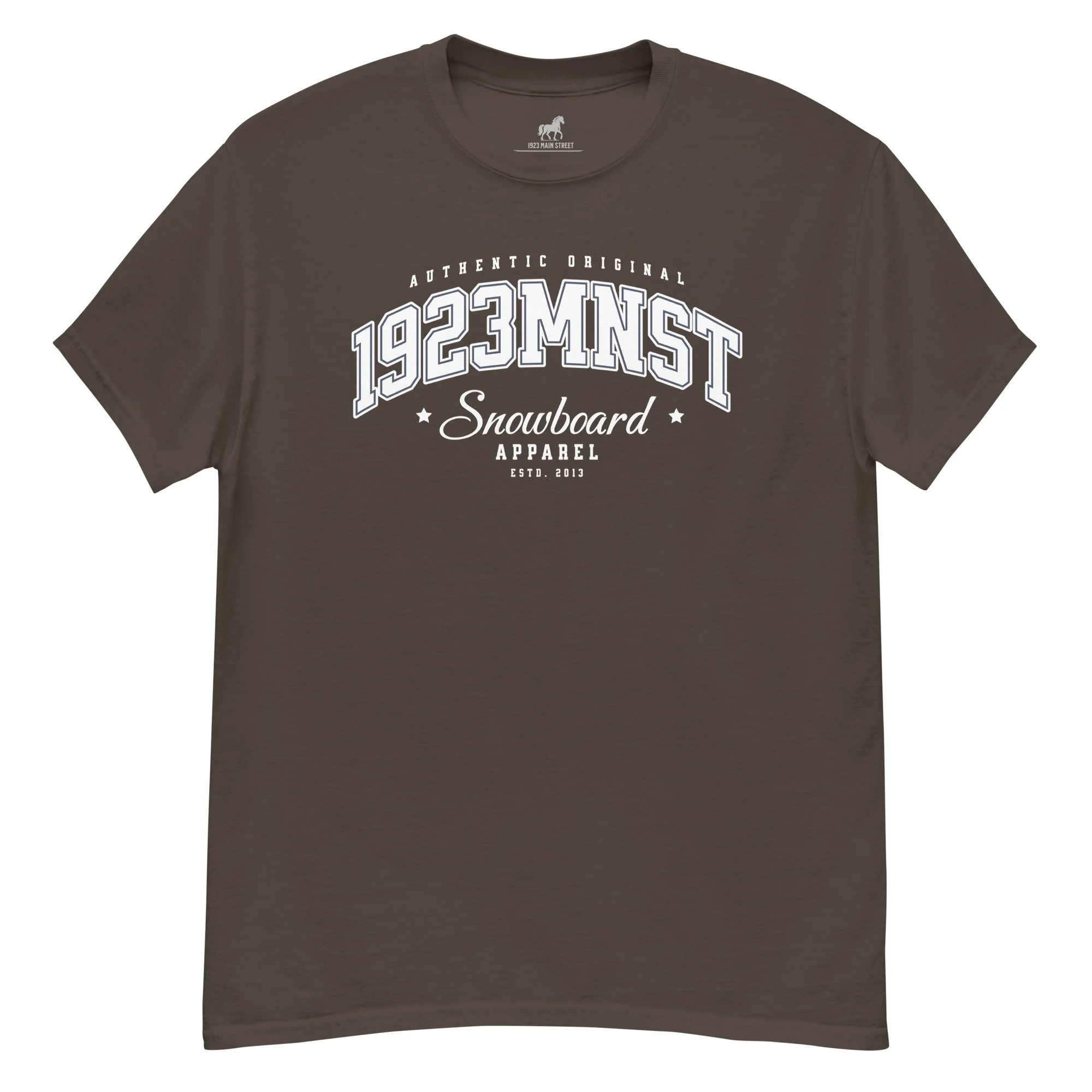 1923 Main Street Varsity Arch snowboard t-shirt brown.