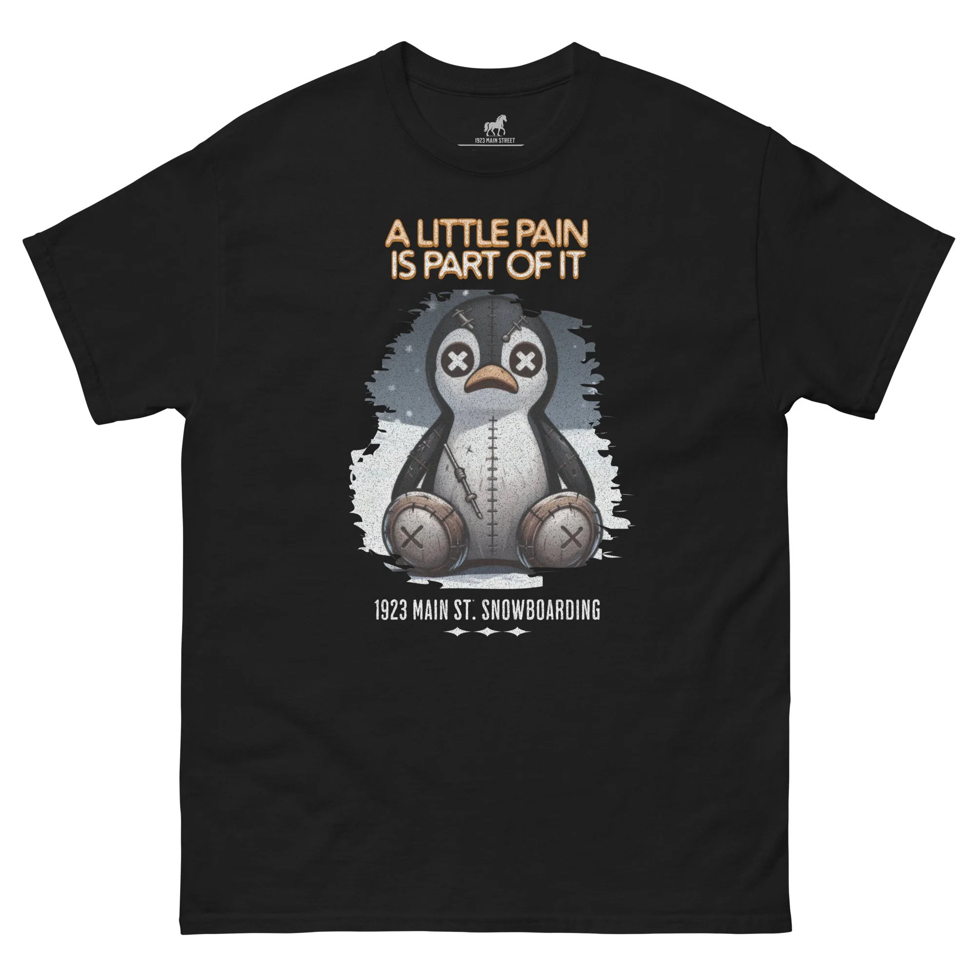 A Little Pain is Part of It, Penguin Stuffie snowboarding t-shirt black.