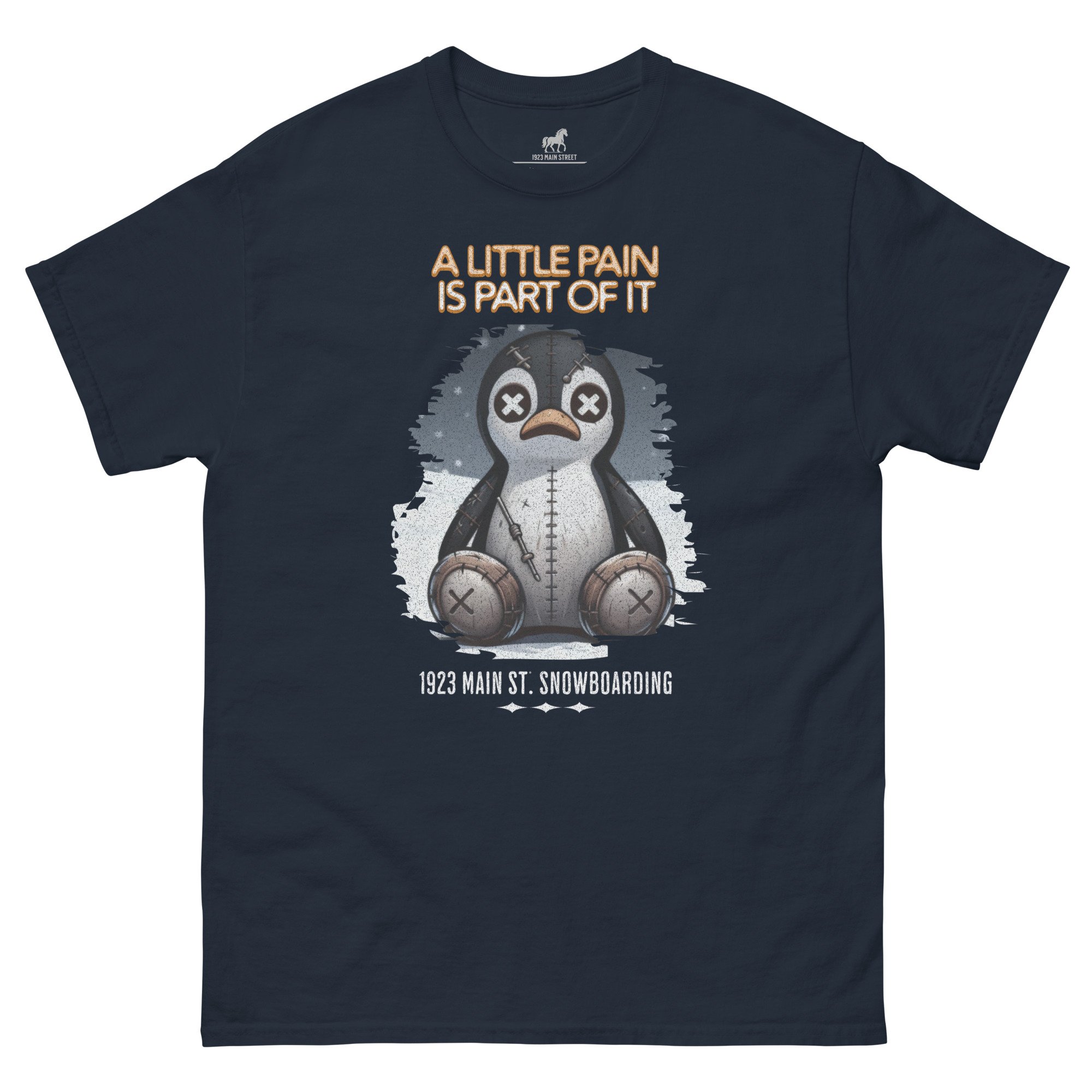 A Little Pain is Part of It, Penguin Stuffie snowboarding t-shirt navy.