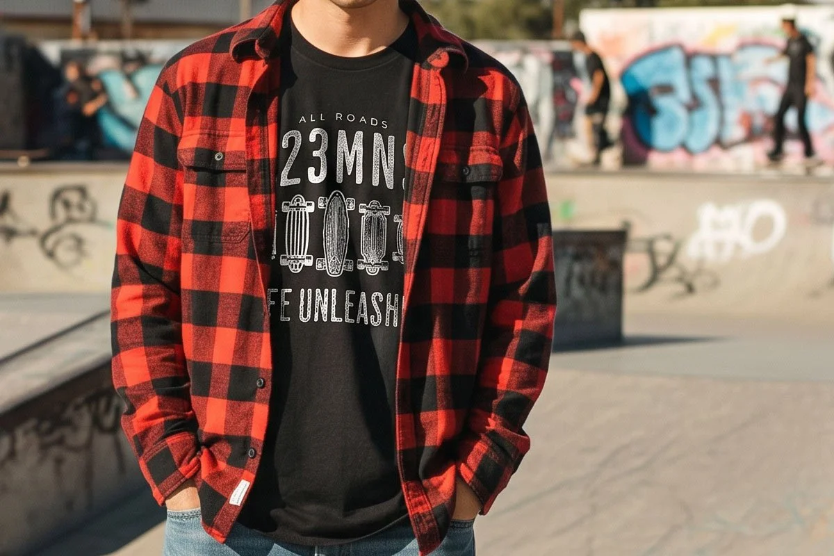 Graphic T-Shirt under Buffalo Plaid shirt.